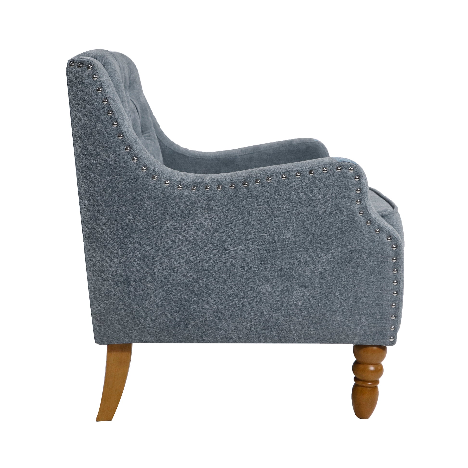 Grey Accent Chair, Living Room Chair, Footrest Chair Set With Vintage Brass Studs, Button Tufted Upholstered Armchair For Living Room, Comfy Reading Chair For Bedroom, Reception Room Grey Linen