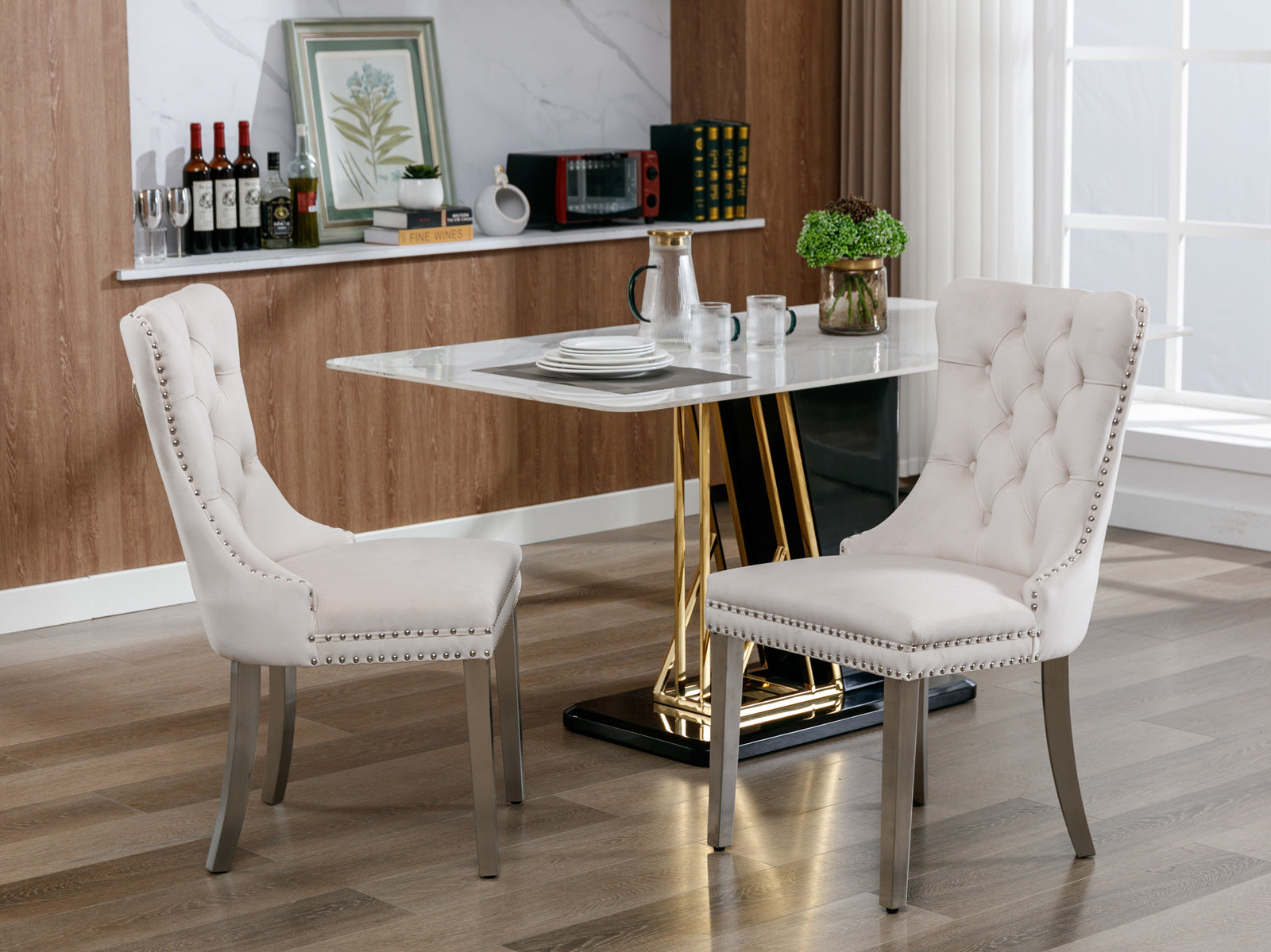 Nikki Collection Modern, High End Tufted Solid Wood Contemporary Velvet Upholstered Dining Chair With Chrome Stainless Steel Plating Legs,Nailhead Trim,Set Of 2 Beige And Chrome, Sw1701Bg Beige Foam Velvet