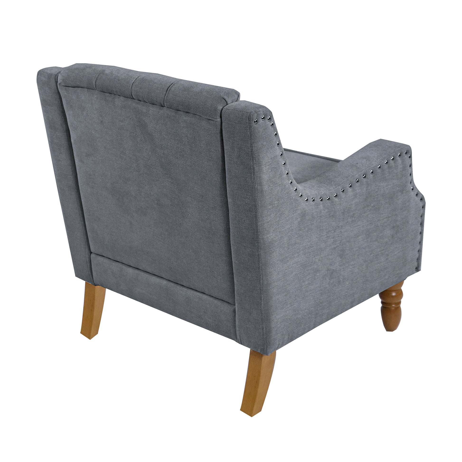 Grey Accent Chair, Living Room Chair, Footrest Chair Set With Vintage Brass Studs, Button Tufted Upholstered Armchair For Living Room, Comfy Reading Chair For Bedroom, Reception Room Grey Linen