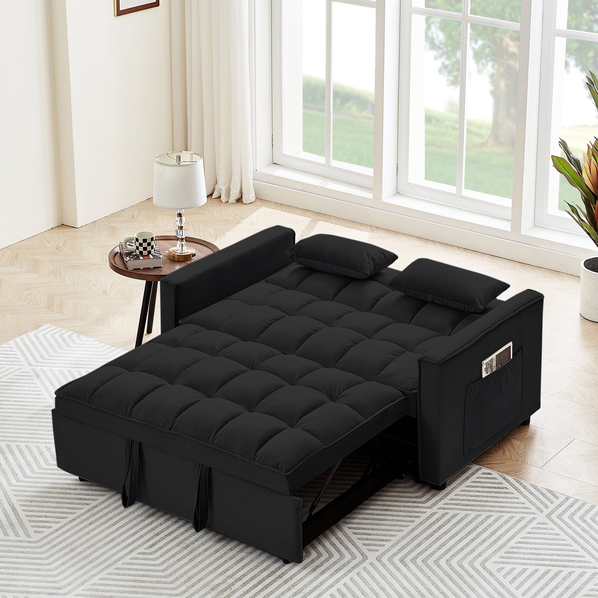 Sleeper Sofa Couch W Pull Out Bed, 55" Modern Velvet Convertible Sleeper Sofa Bed, Small Beautiful Seat Sofa Bed W Pillows & Side Pockets For Small Space, Living Room, Apartment,Black Black Velvet