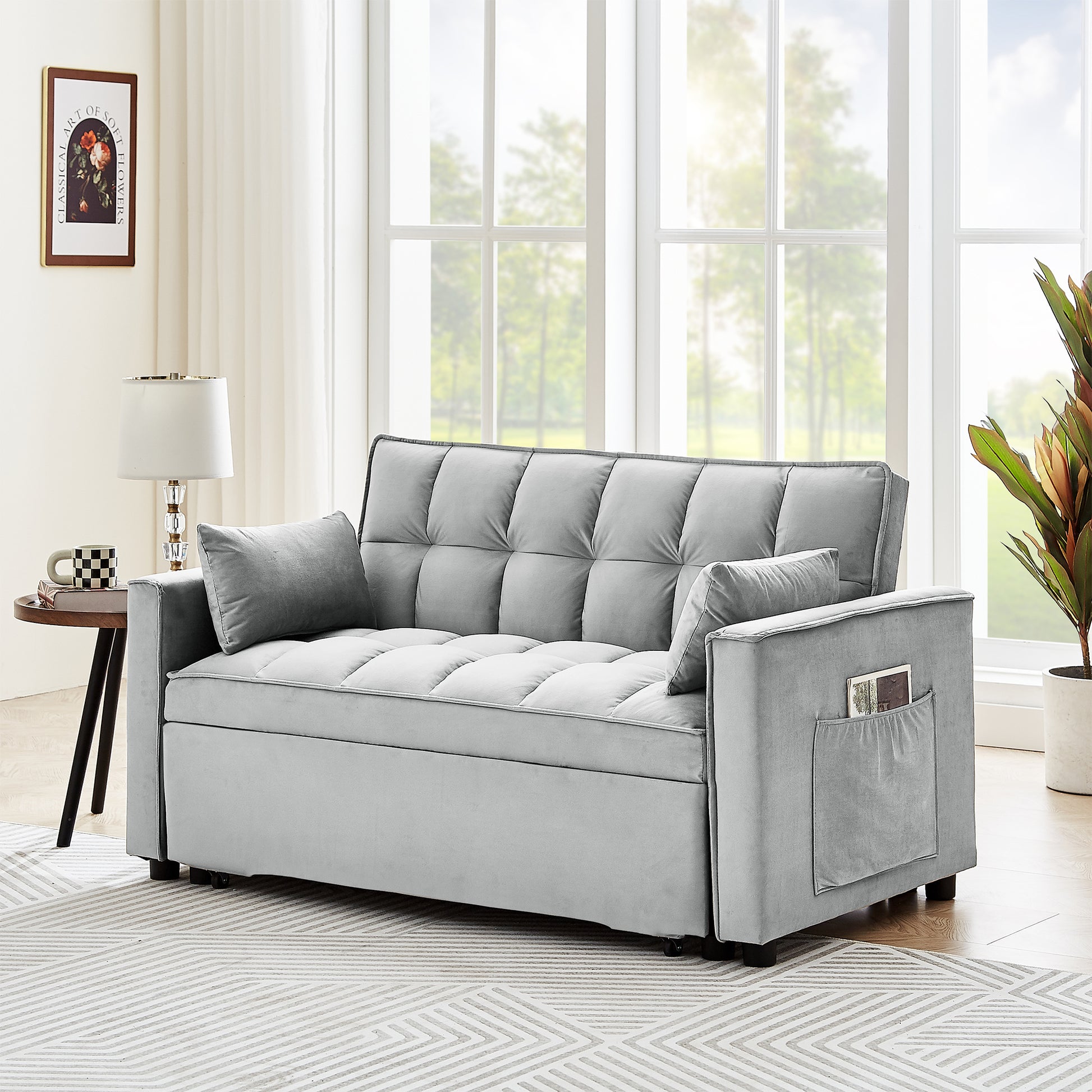 Sleeper Sofa Couch W Pull Out Bed, 55" Modern Velvet Convertible Sleeper Sofa Bed, Small Beautiful Seat Sofa Bed W Pillows & Side Pockets For Small Space, Living Room, Apartment,Gray Gray Velvet