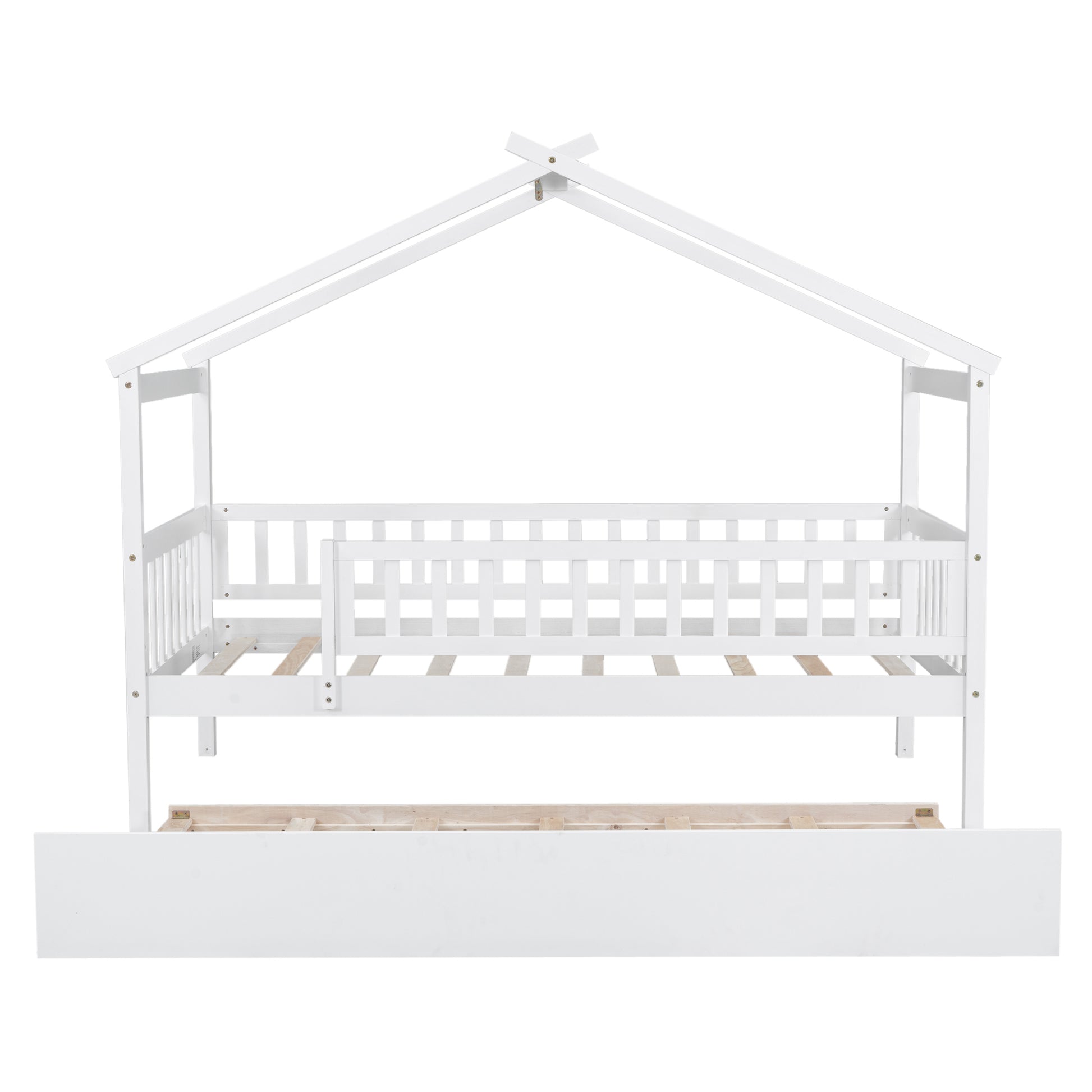 Twin Size Wooden House Bed With Twin Size Trundle, White Twin White Solid Wood Mdf