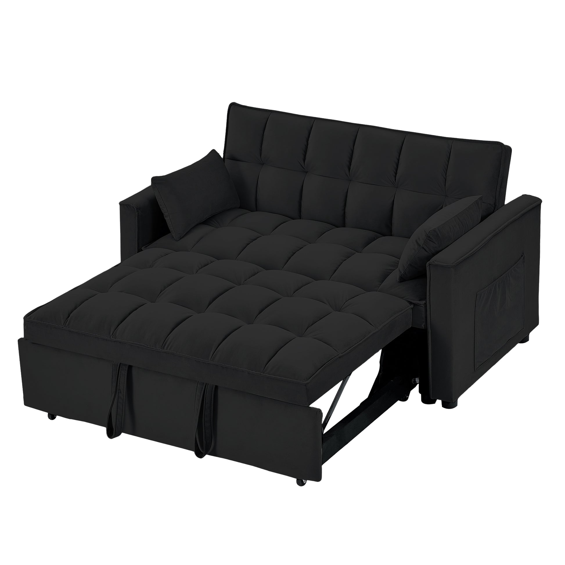 Sleeper Sofa Couch W Pull Out Bed, 55" Modern Velvet Convertible Sleeper Sofa Bed, Small Beautiful Seat Sofa Bed W Pillows & Side Pockets For Small Space, Living Room, Apartment,Black Black Velvet