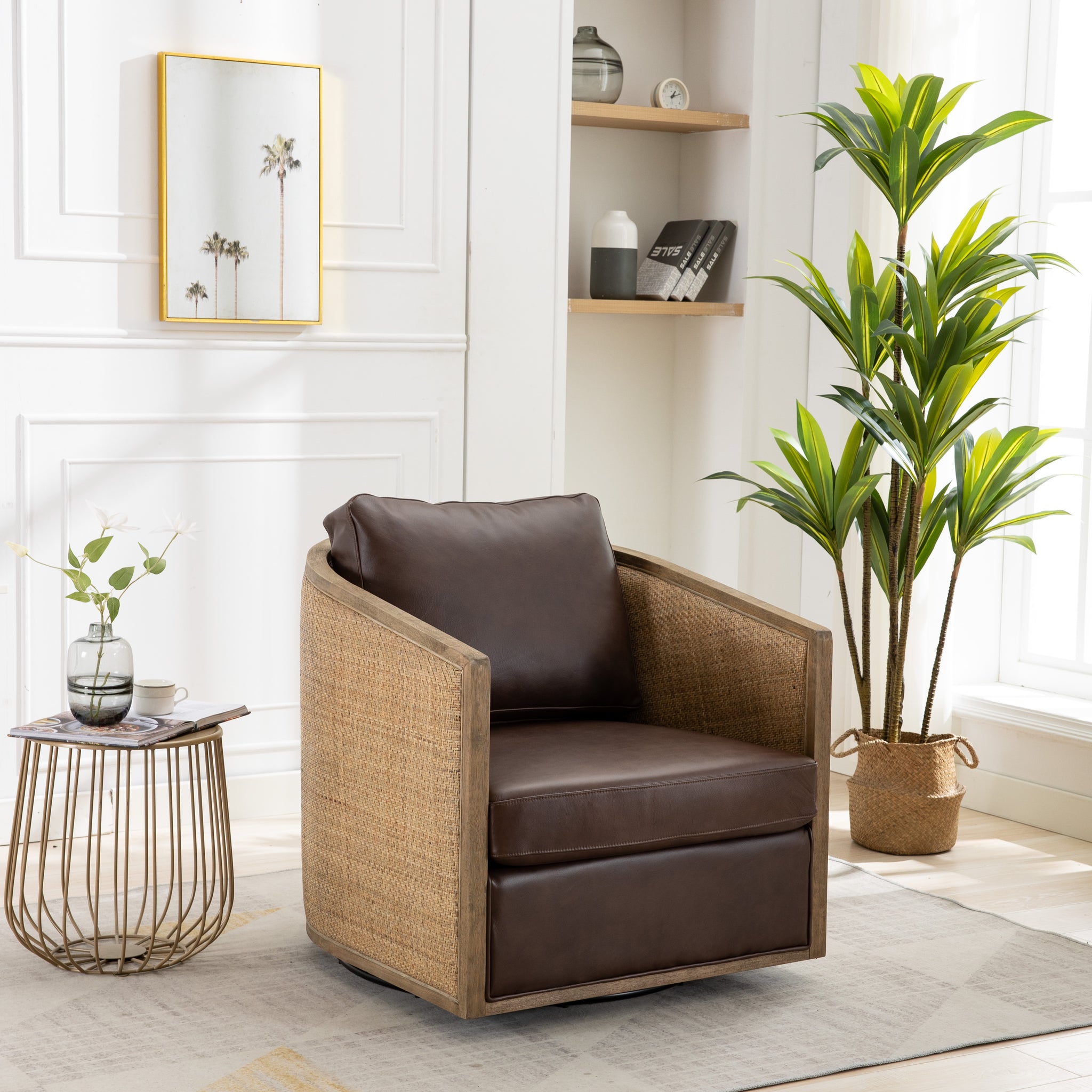 Coolmore Swivel Barrel Chair, Comfy Round Accent Sofa Chair For Living Room, 360 Degree Swivel Barrel Club Chair, Leisure Arm Chair For Nursery, Hotel, Bedroom, Office, Lounge Brown Boucle Brown Foam Leather