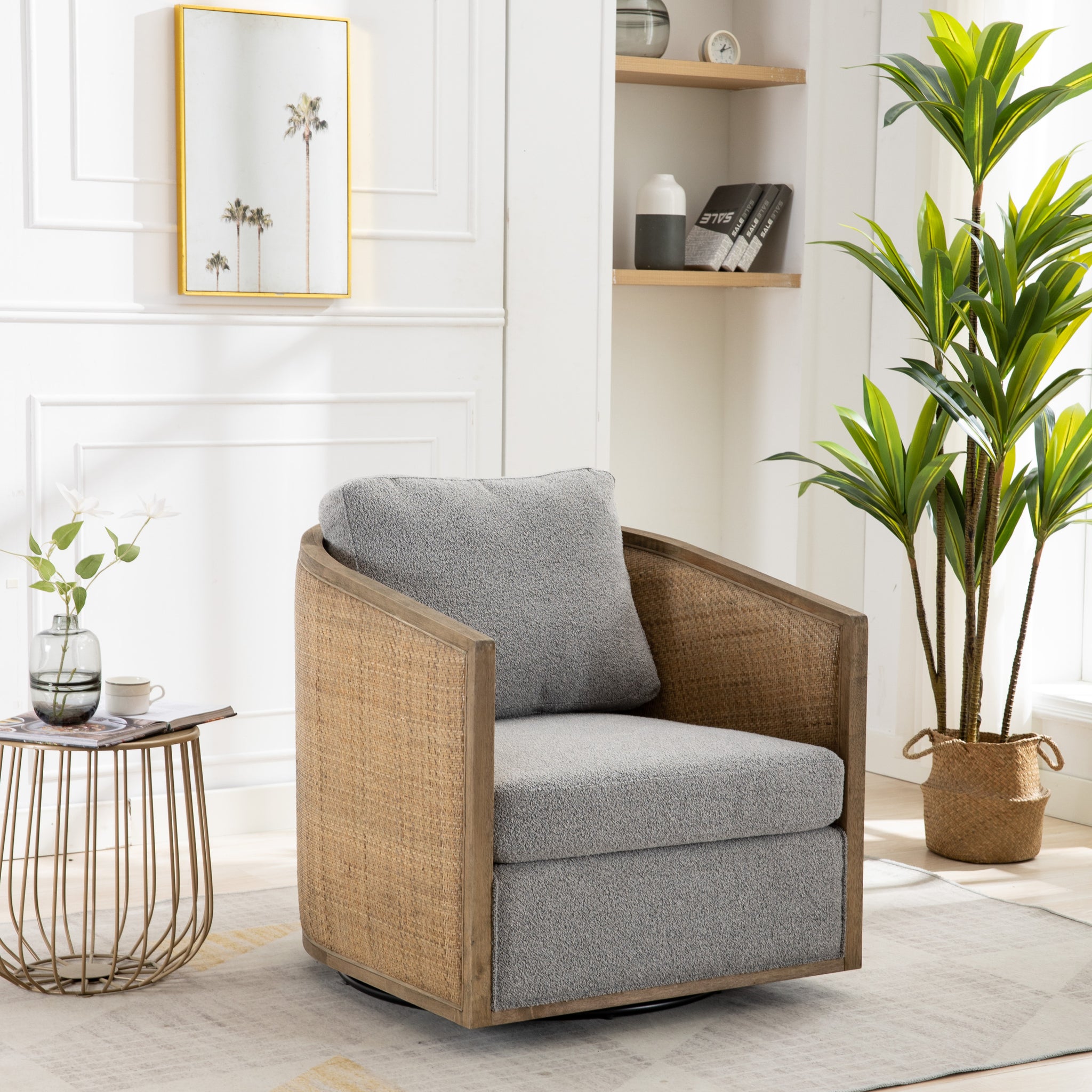 Coolmore Swivel Barrel Chair, Comfy Round Accent Sofa Chair For Living Room, 360 Degree Swivel Barrel Club Chair, Leisure Arm Chair For Nursery, Hotel, Bedroom, Office, Lounge Gray Boucle Gray Foam Boucle