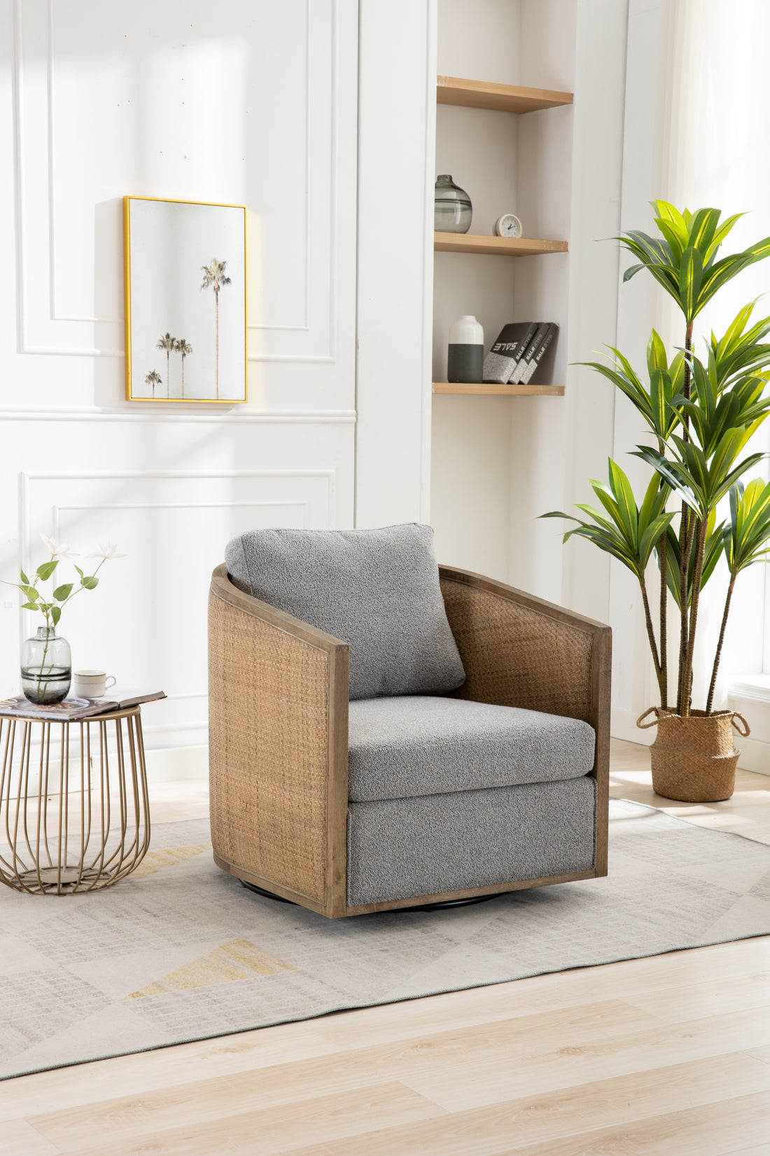 Coolmore Swivel Barrel Chair, Comfy Round Accent Sofa Chair For Living Room, 360 Degree Swivel Barrel Club Chair, Leisure Arm Chair For Nursery, Hotel, Bedroom, Office, Lounge Gray Boucle Gray Foam Boucle