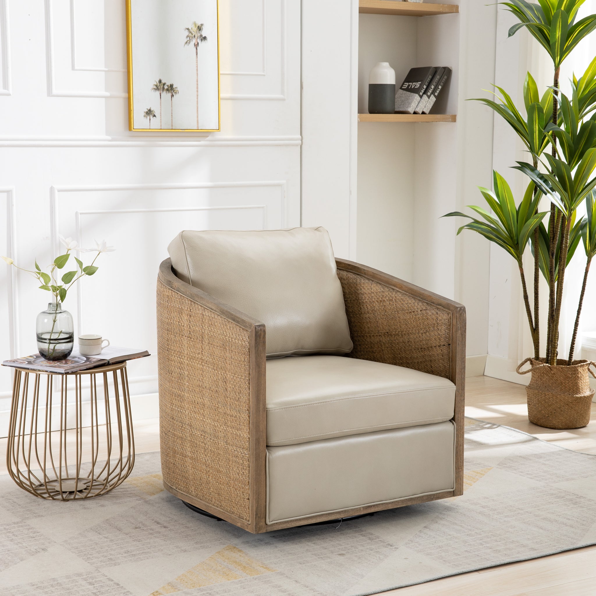 Coolmore Swivel Barrel Chair, Comfy Round Accent Sofa Chair For Living Room, 360 Degree Swivel Barrel Club Chair, Leisure Arm Chair For Nursery, Hotel, Bedroom, Office, Lounge Oyster Grey Leather