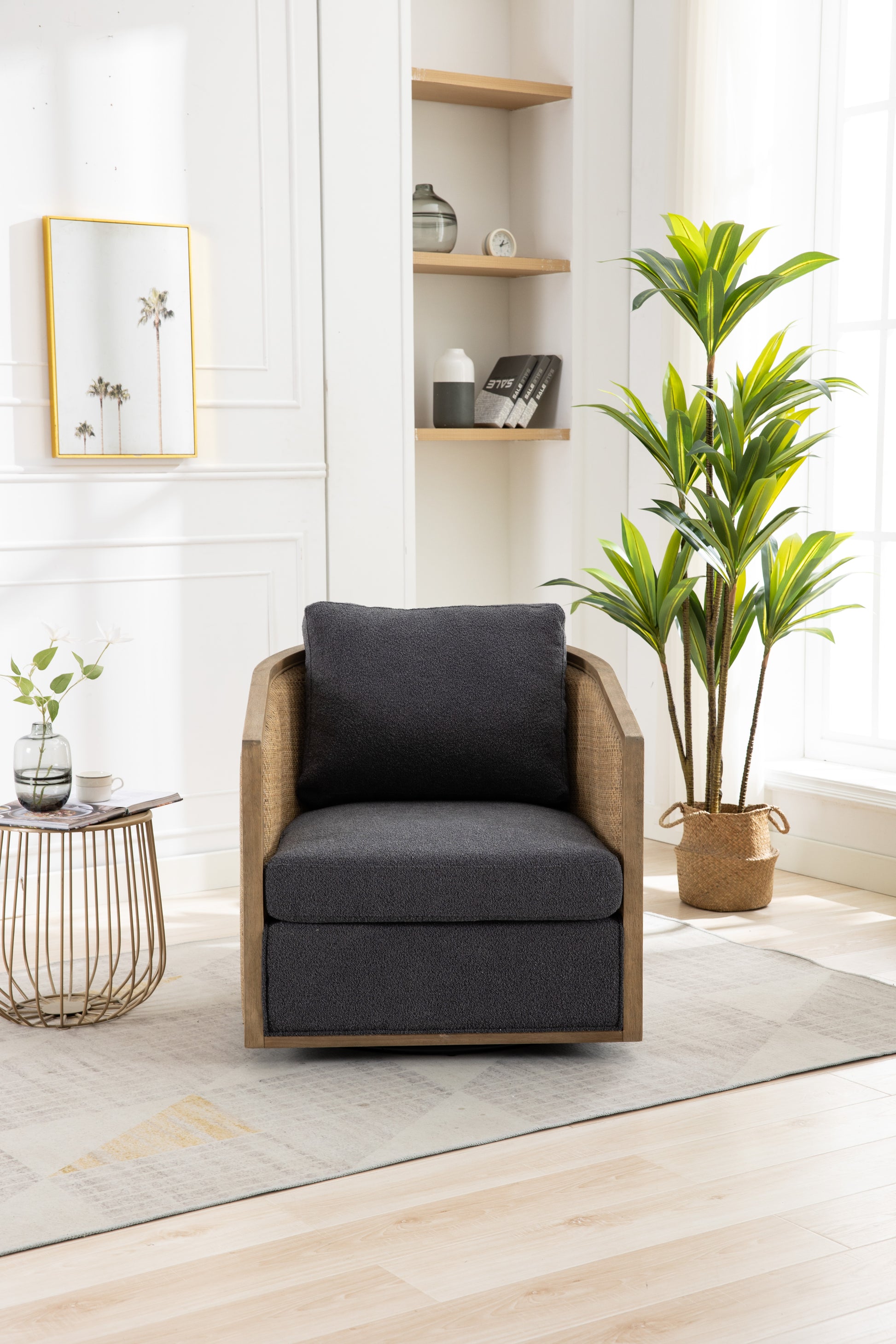 Coolmore Swivel Barrel Chair, Comfy Round Accent Sofa Chair For Living Room, 360 Degree Swivel Barrel Club Chair, Leisure Arm Chair For Nursery, Hotel, Bedroom, Office, Lounge Carbon Black Boucle Carbon Black Foam Boucle