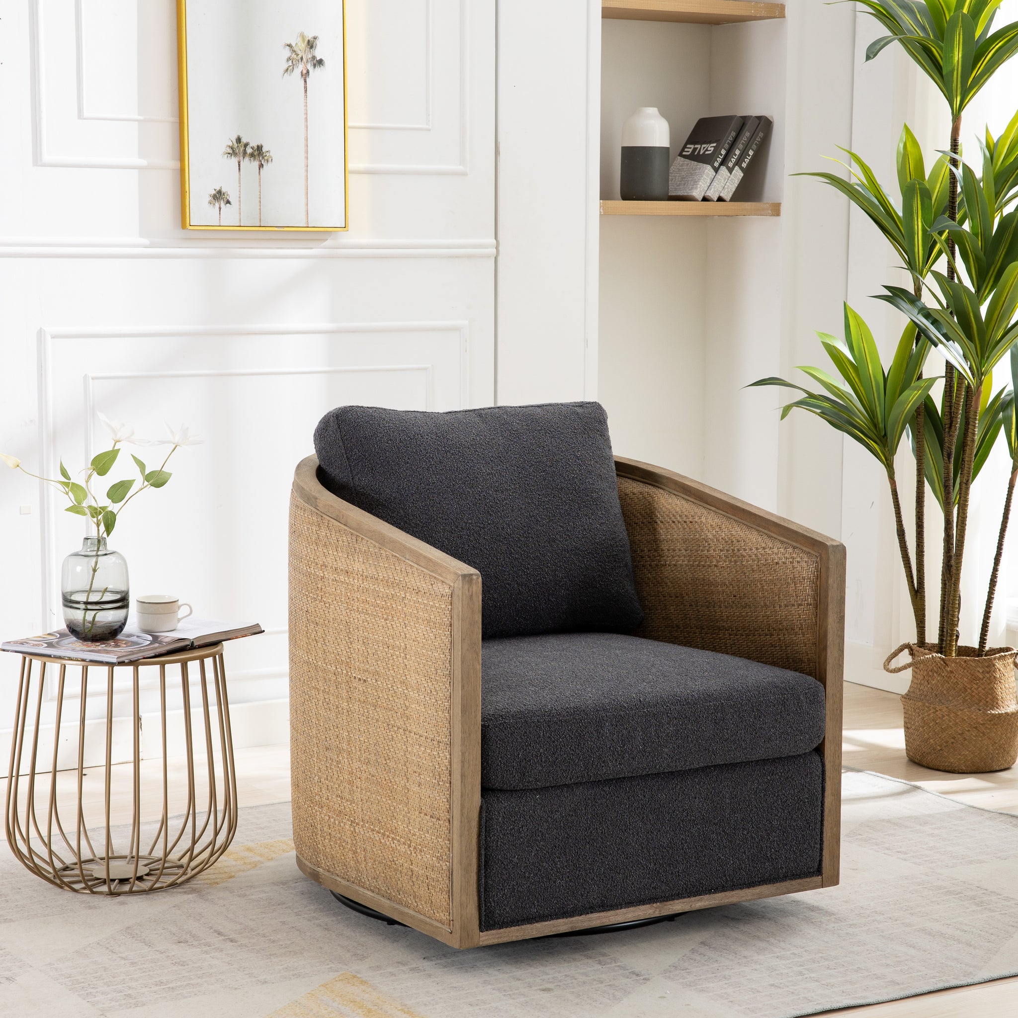 Coolmore Swivel Barrel Chair, Comfy Round Accent Sofa Chair For Living Room, 360 Degree Swivel Barrel Club Chair, Leisure Arm Chair For Nursery, Hotel, Bedroom, Office, Lounge Carbon Black Boucle Carbon Black Foam Boucle