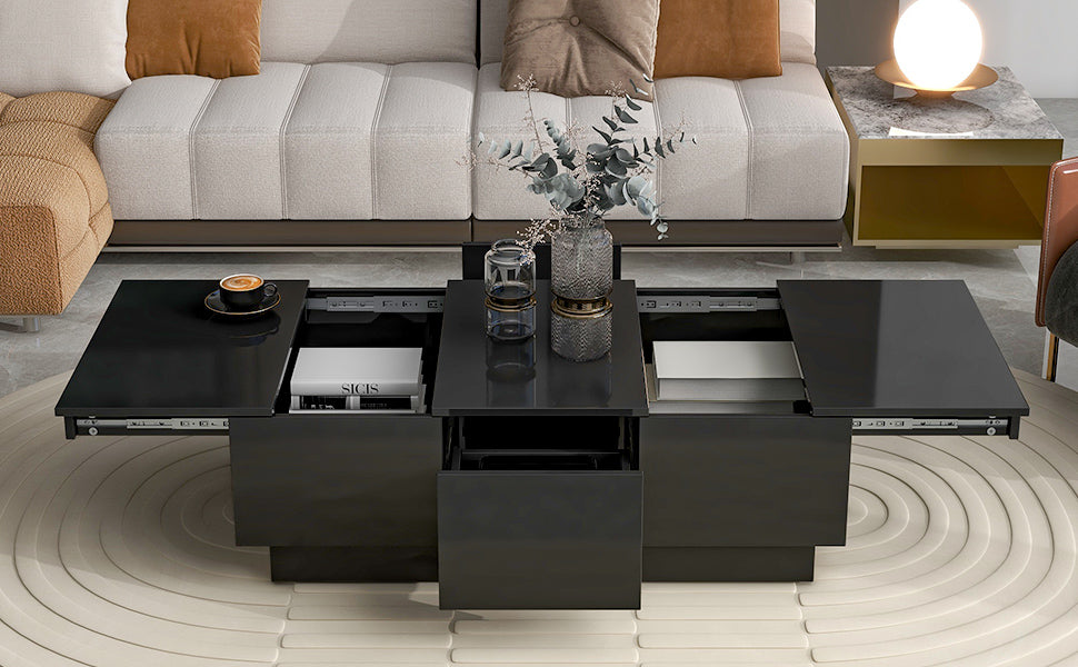 Coffee Table With 2 Large Hidden Storage Compartment, Extendable Cocktail Table With 2 Drawers, High Gloss Center Table With Sliding Top For Living Room, 39.3"X21.6", Black Black Soft Close Drawers Primary Living Space Contemporary Freestanding
