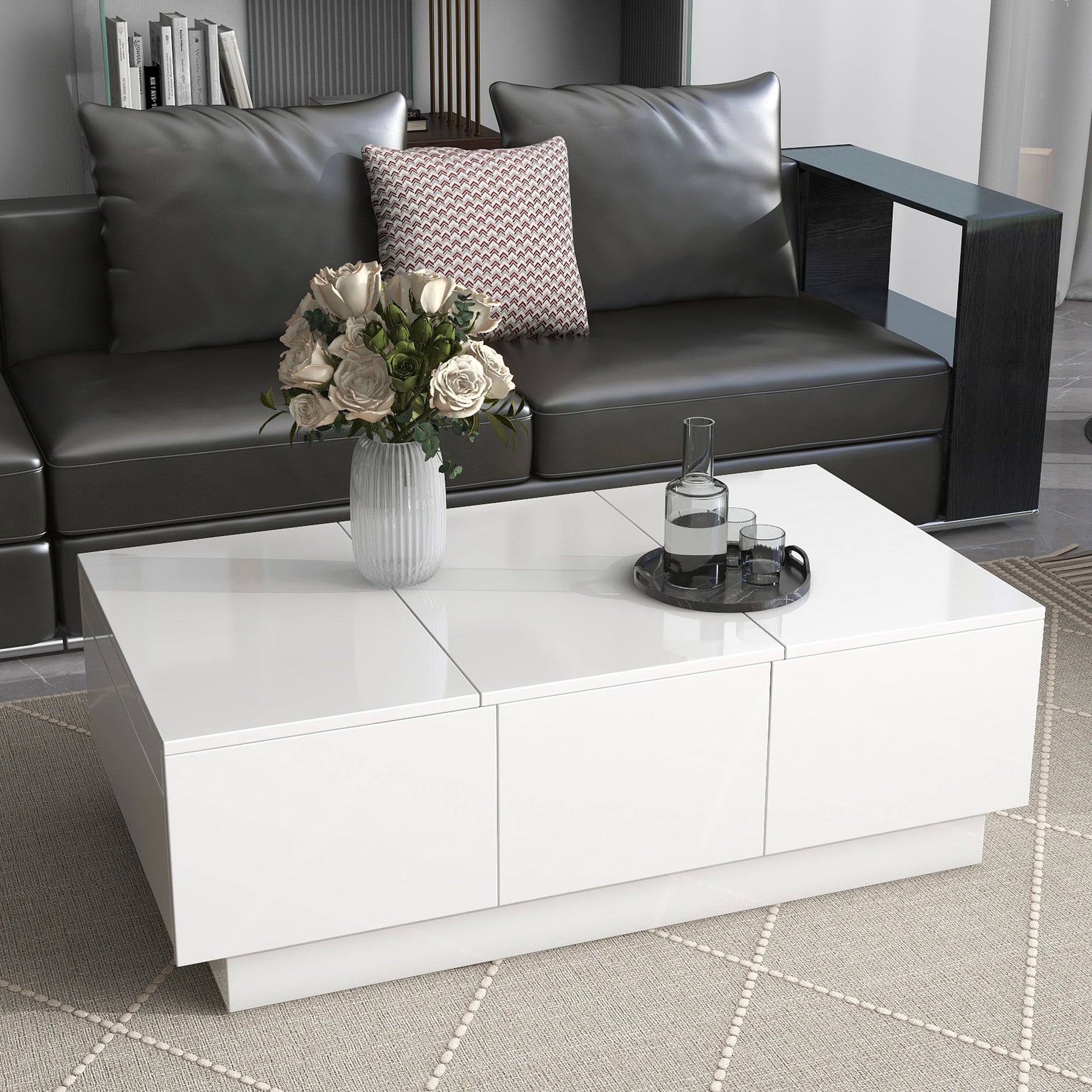 Coffee Table With 2 Large Hidden Storage Compartment, Extendable Cocktail Table With 2 Drawers, High Gloss Center Table With Sliding Top For Living Room, 39.3"X21.6", White White Soft Close Drawers Primary Living Space Modern Freestanding Rectangular