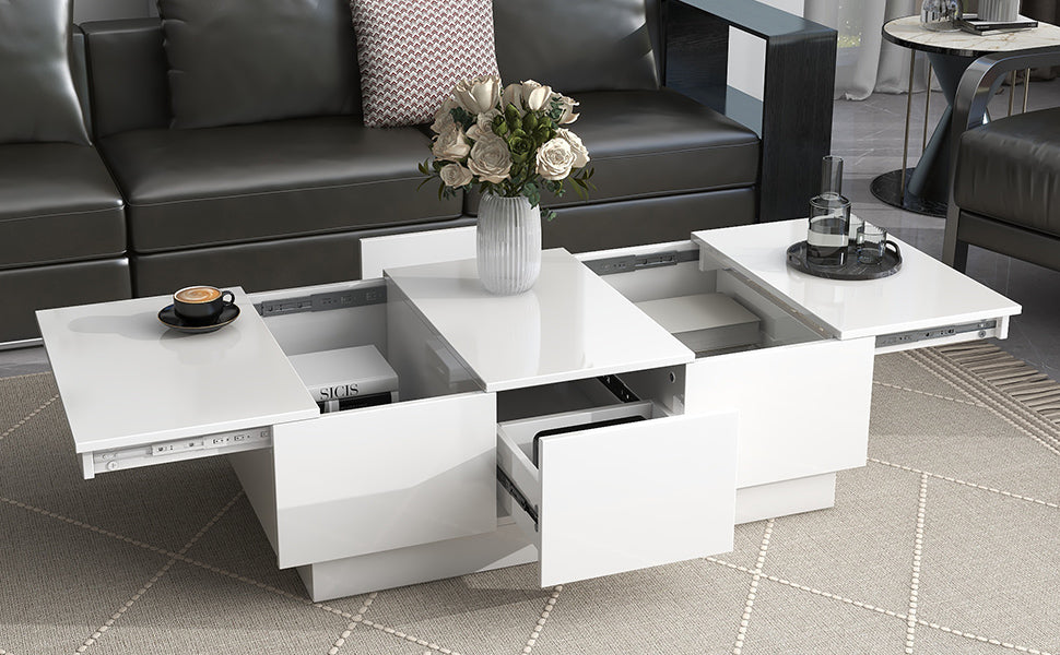 Coffee Table With 2 Large Hidden Storage Compartment, Extendable Cocktail Table With 2 Drawers, High Gloss Center Table With Sliding Top For Living Room, 39.3"X21.6", White White Soft Close Drawers Primary Living Space Modern Freestanding Rectangular
