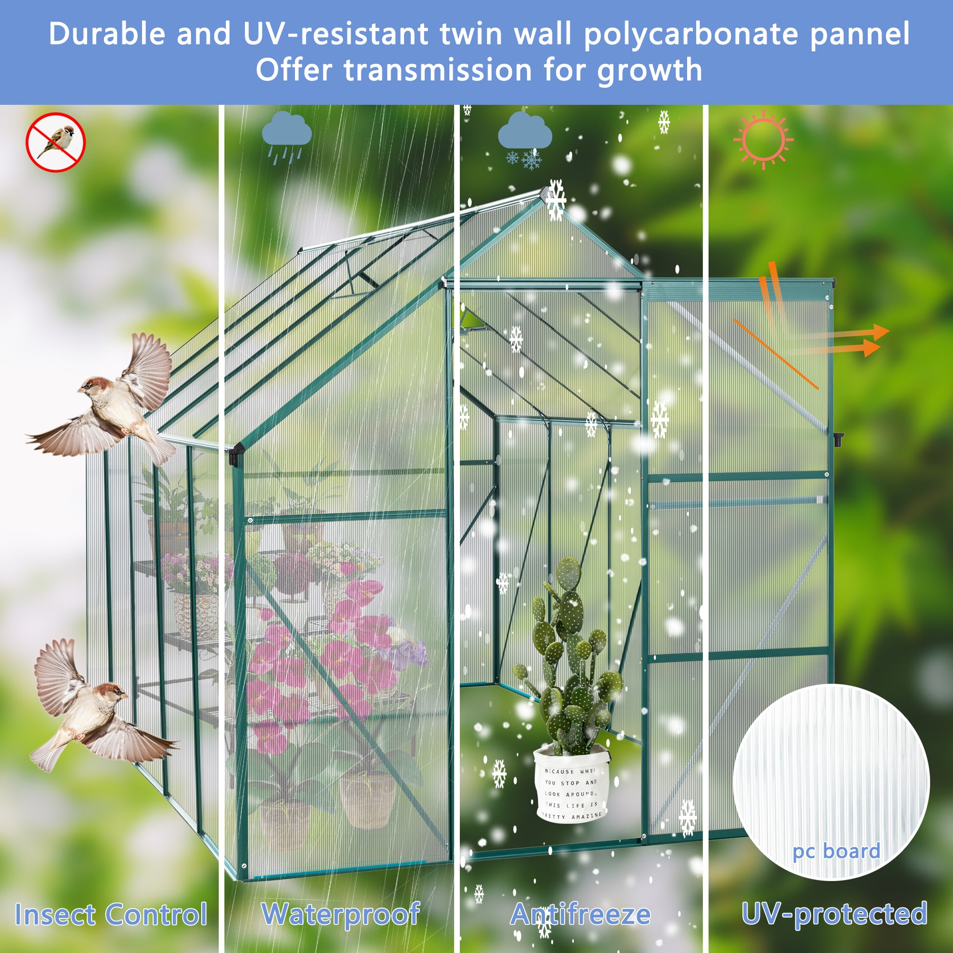 6X10Ft Polycarbonate Greenhouse Raised Base And Anchor Aluminum Heavy Duty Walk In Greenhouses For Outdoor Backyard In All Season Green Aluminium Aluminum