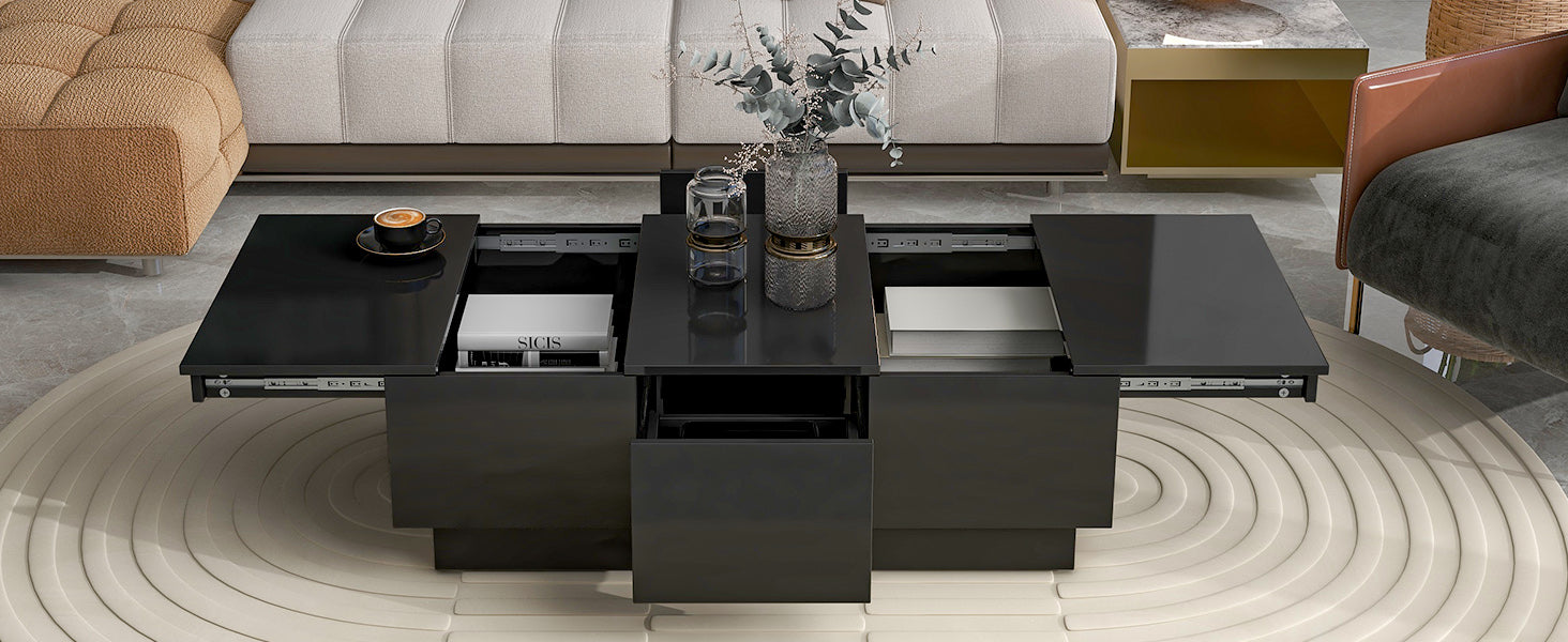 Coffee Table With 2 Large Hidden Storage Compartment, Extendable Cocktail Table With 2 Drawers, High Gloss Center Table With Sliding Top For Living Room, 39.3"X21.6", Black Black Soft Close Drawers Primary Living Space Contemporary Freestanding