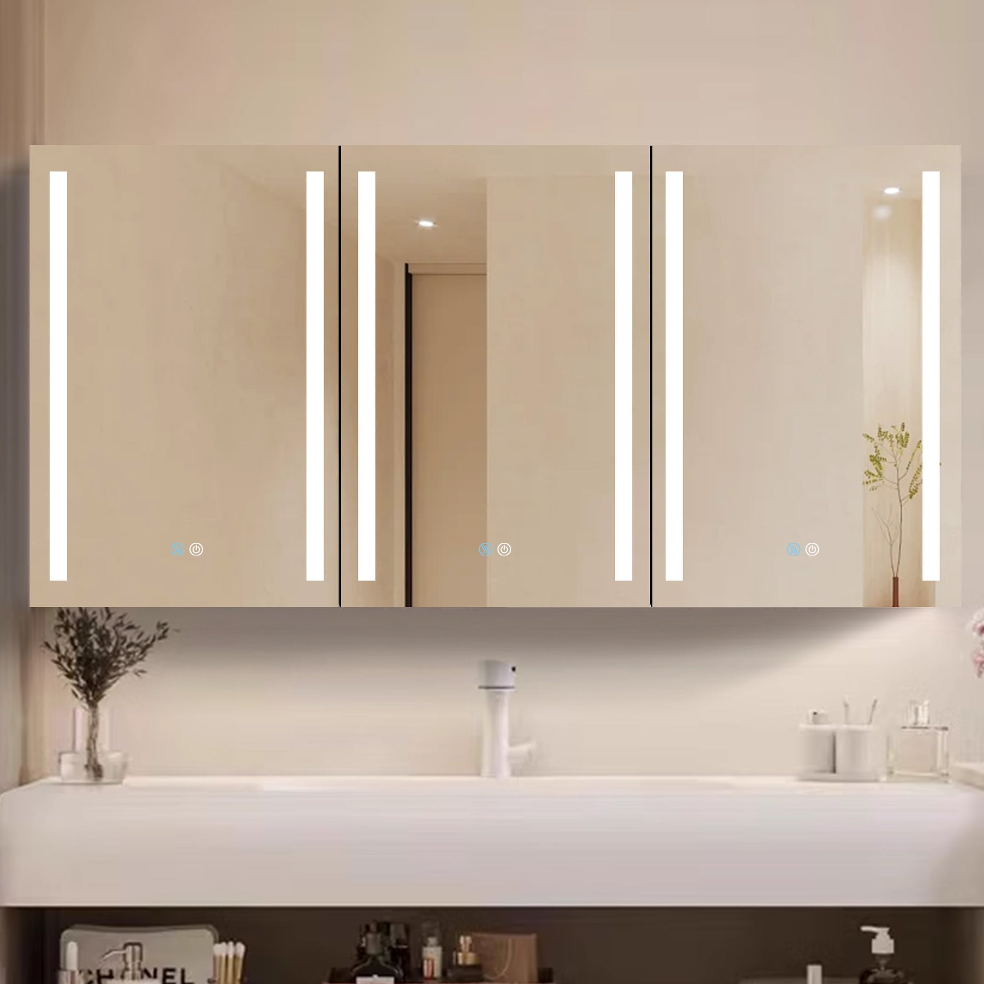 60X30 Inch Led Bathroom Medicine Cabinet Surface Mount Double Door Lighted Medicine Cabinet, Medicine Cabinets For Bathroom With Mirror Defogging, Dimmer White White Modern Aluminium