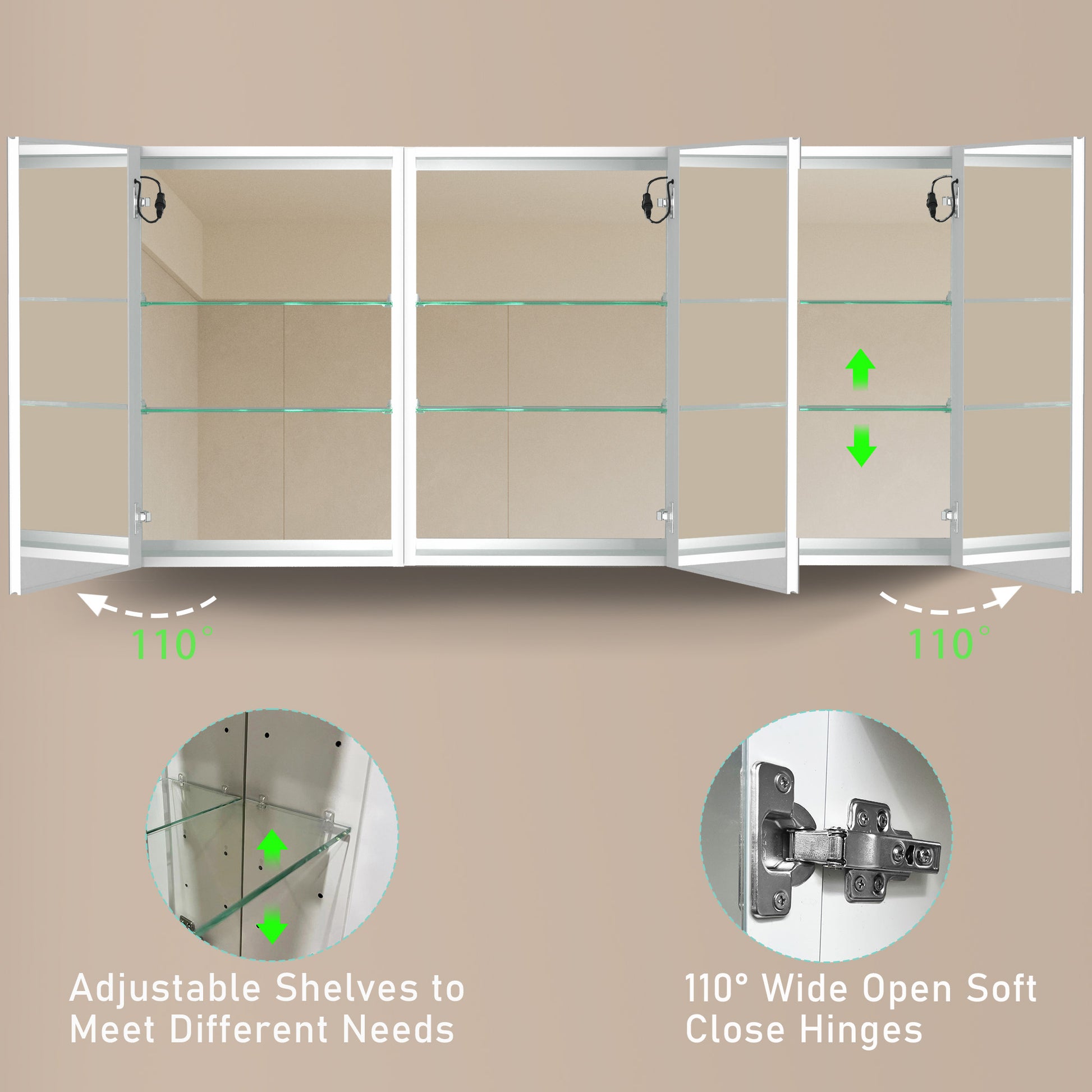 60X30 Inch Led Bathroom Medicine Cabinet Surface Mount Double Door Lighted Medicine Cabinet, Medicine Cabinets For Bathroom With Mirror Defogging, Dimmer White White Modern Aluminium
