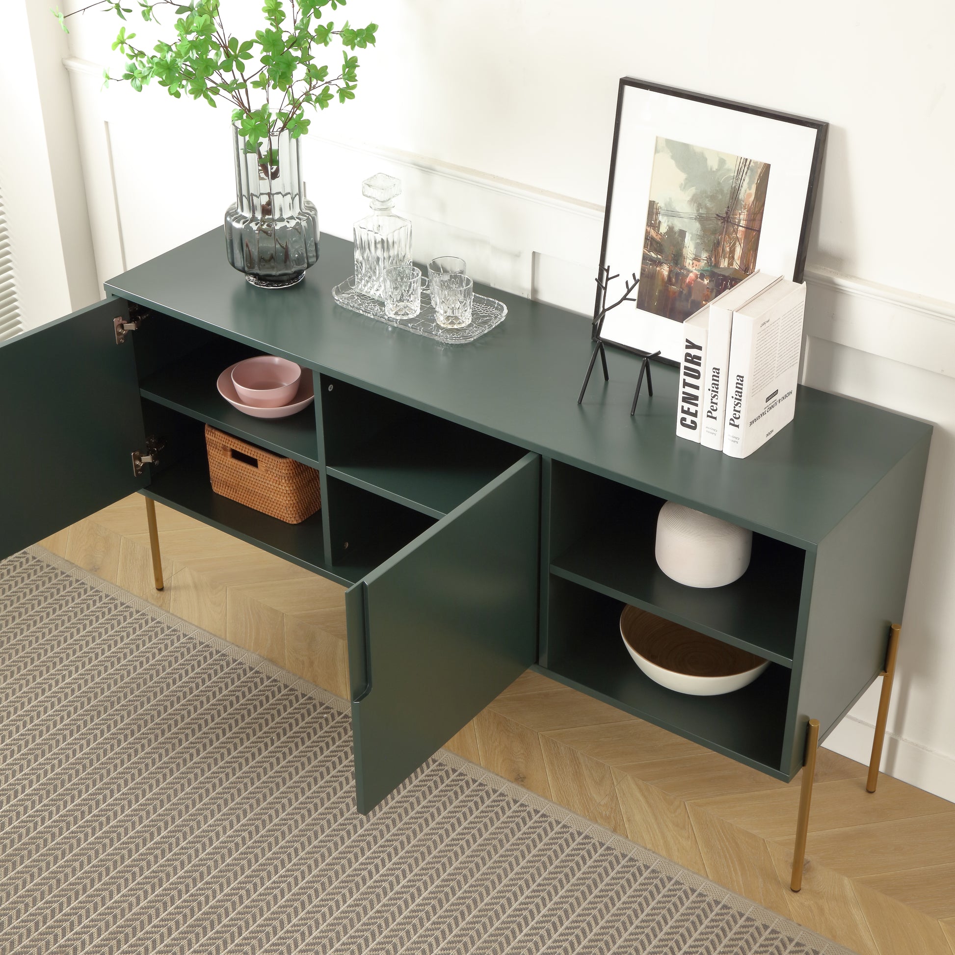 Combo Mid Century Sideboard Buffet Table Or Tv Stand With Storage For Living Room Kitchen Green Wood Stainless Steel