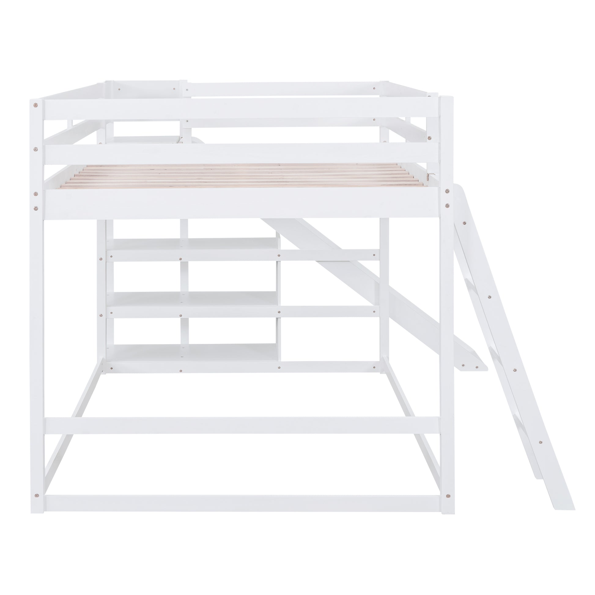 Full Over Full Bunk Bed With Ladder, Slide And Shelves, White White Pine