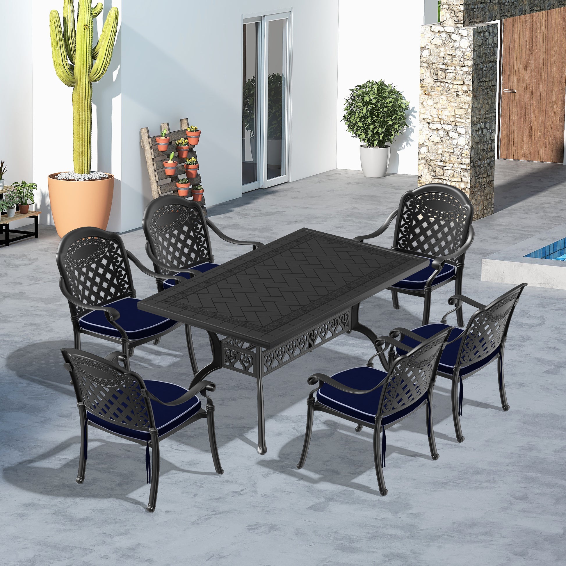 Cushions In Random Colors 7 Piece Set Of Cast Aluminum Patio Furniture With Cushions Black Aluminium
