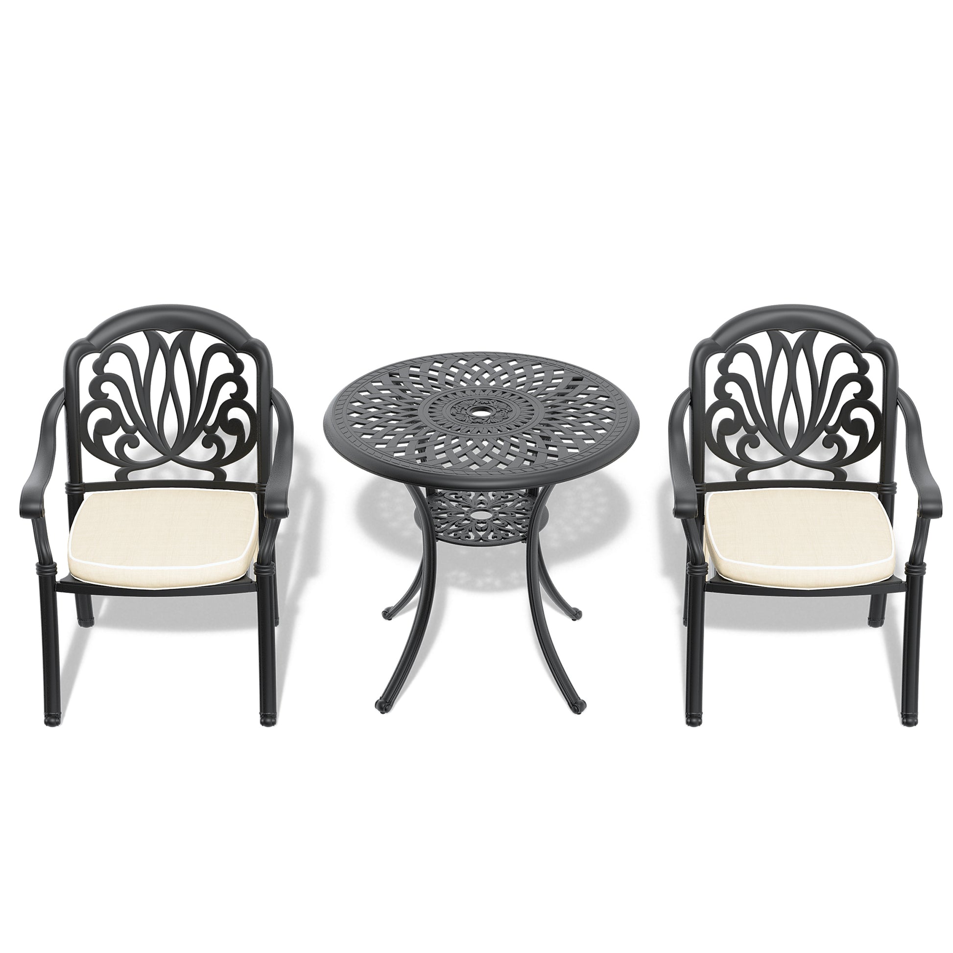 Cushions In Random Colors 3 Piece Set Of Cast Aluminum Patio Furniture With Cushions Yes Dining Set Black Seats 2 Rust Resistant Frame Water Resistant Cushion Garden & Outdoor Complete Patio Sets Aluminium
