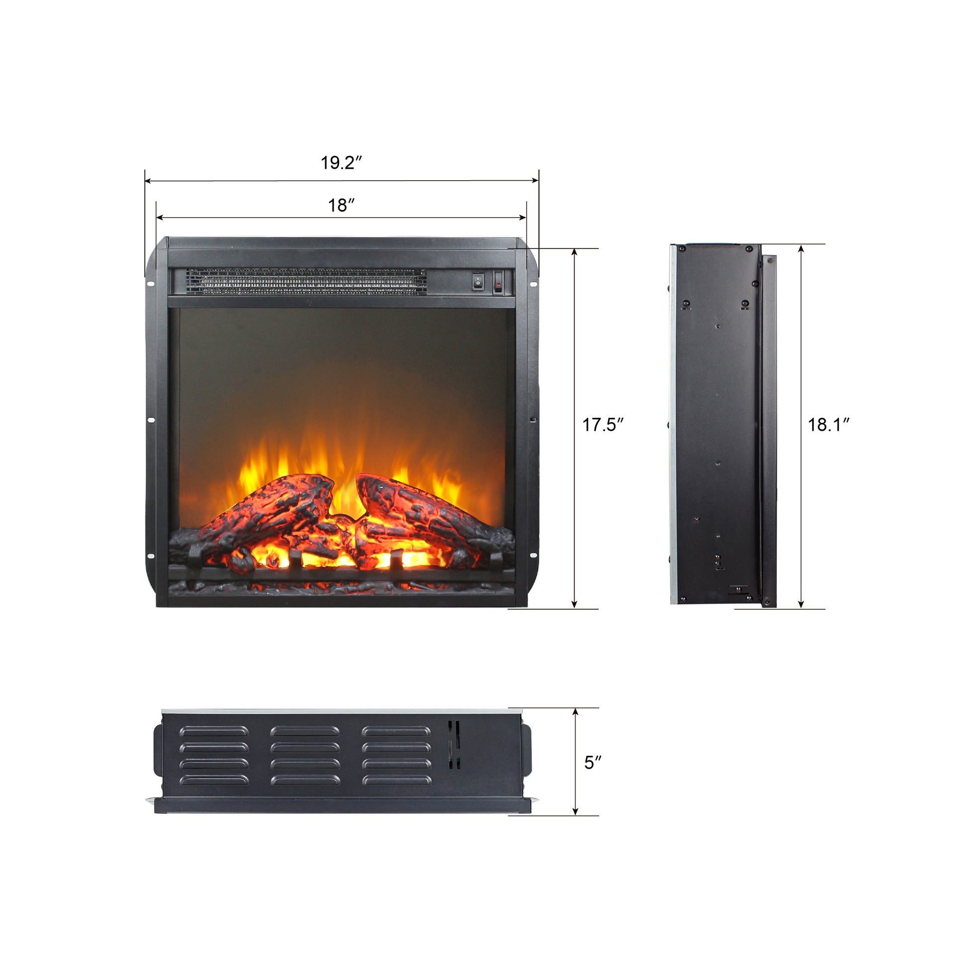 18 Inch Electric Fireplace Insert, Ultra Thin Heater With Log Set & Realistic Flame, Overheating Protection Antique Black No Tempered Glass Sheet Metal Plastic