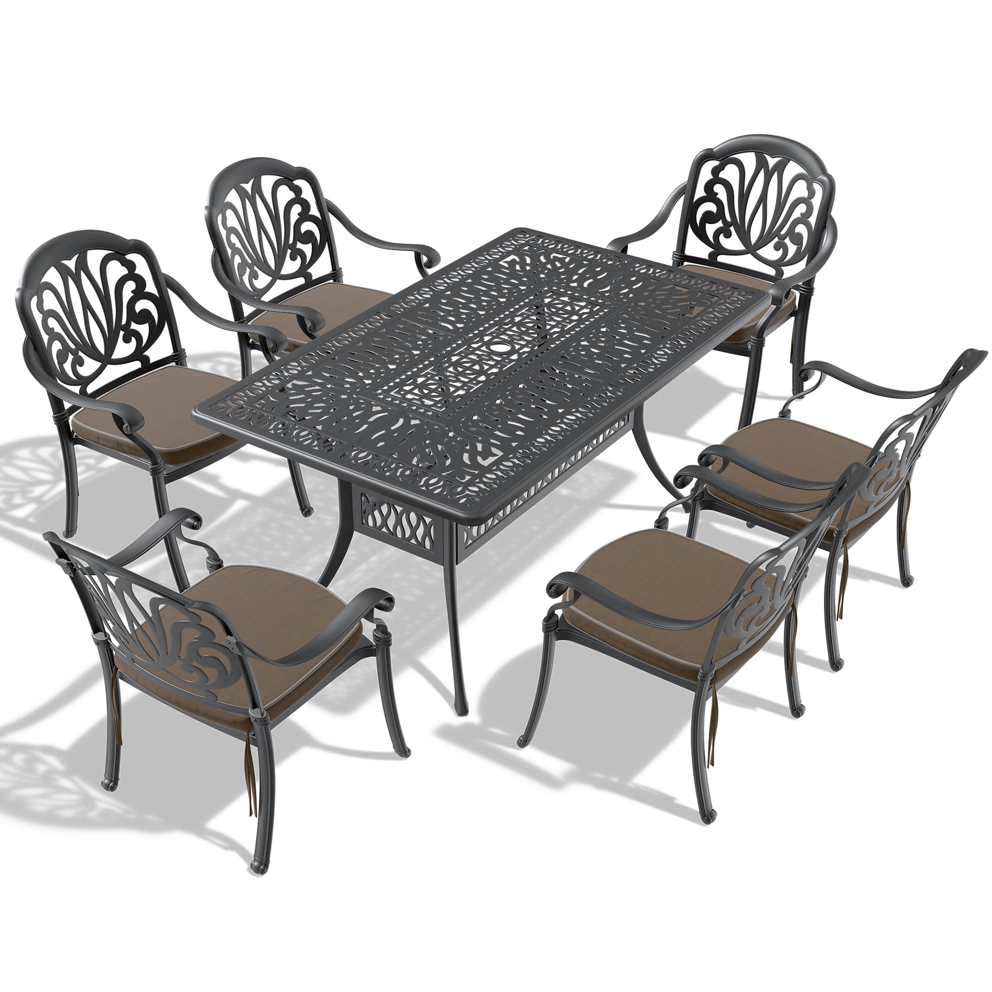 Cushions In Random Colors 7 Piece Set Of Cast Aluminum Patio Furniture With Cushions Yes Complete Patio Set Black Seats 6 Rust Resistant Frame Water Resistant Cushion Garden & Outdoor Complete Patio Sets Aluminium