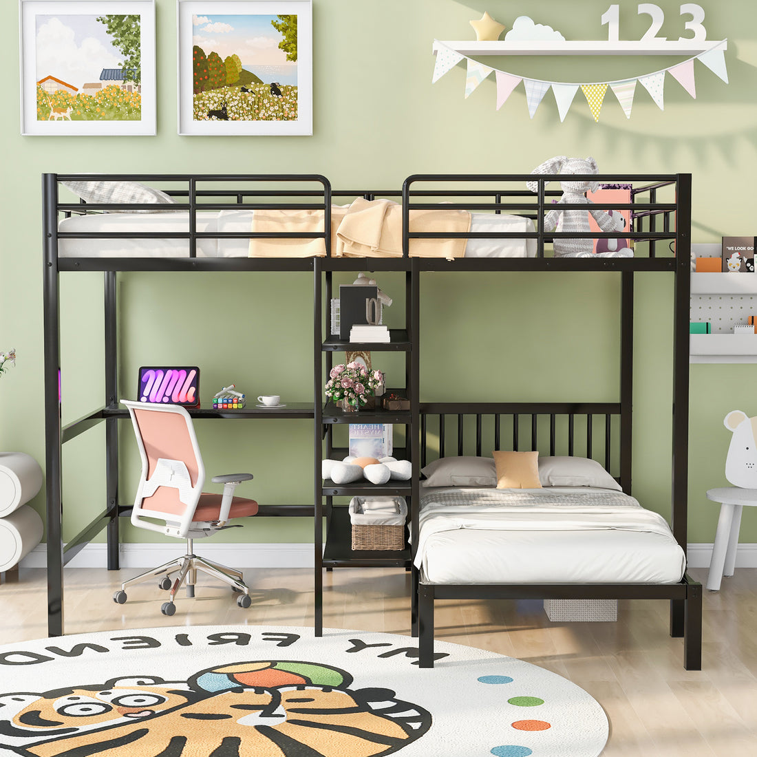 Full Over Twin Metal Bunk Bed With Built In Desk, Shelves And Ladder, Black Full Black Metal & Wood