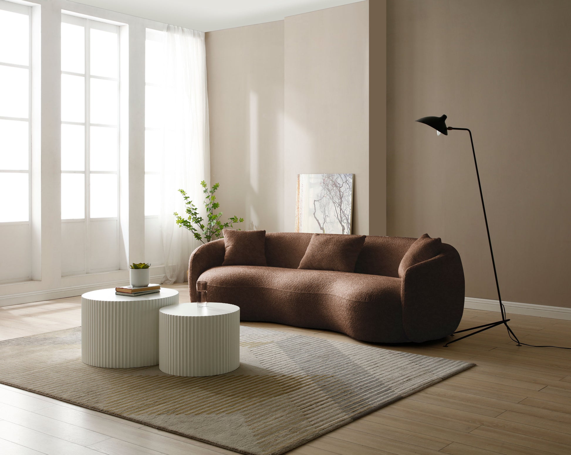 93.6Inch Mid Century Modern Curved Living Room Sofa, Boucle Fabric Couch For Bedroom, Office, Apartment, Brown Brown Boucle 3 Seat