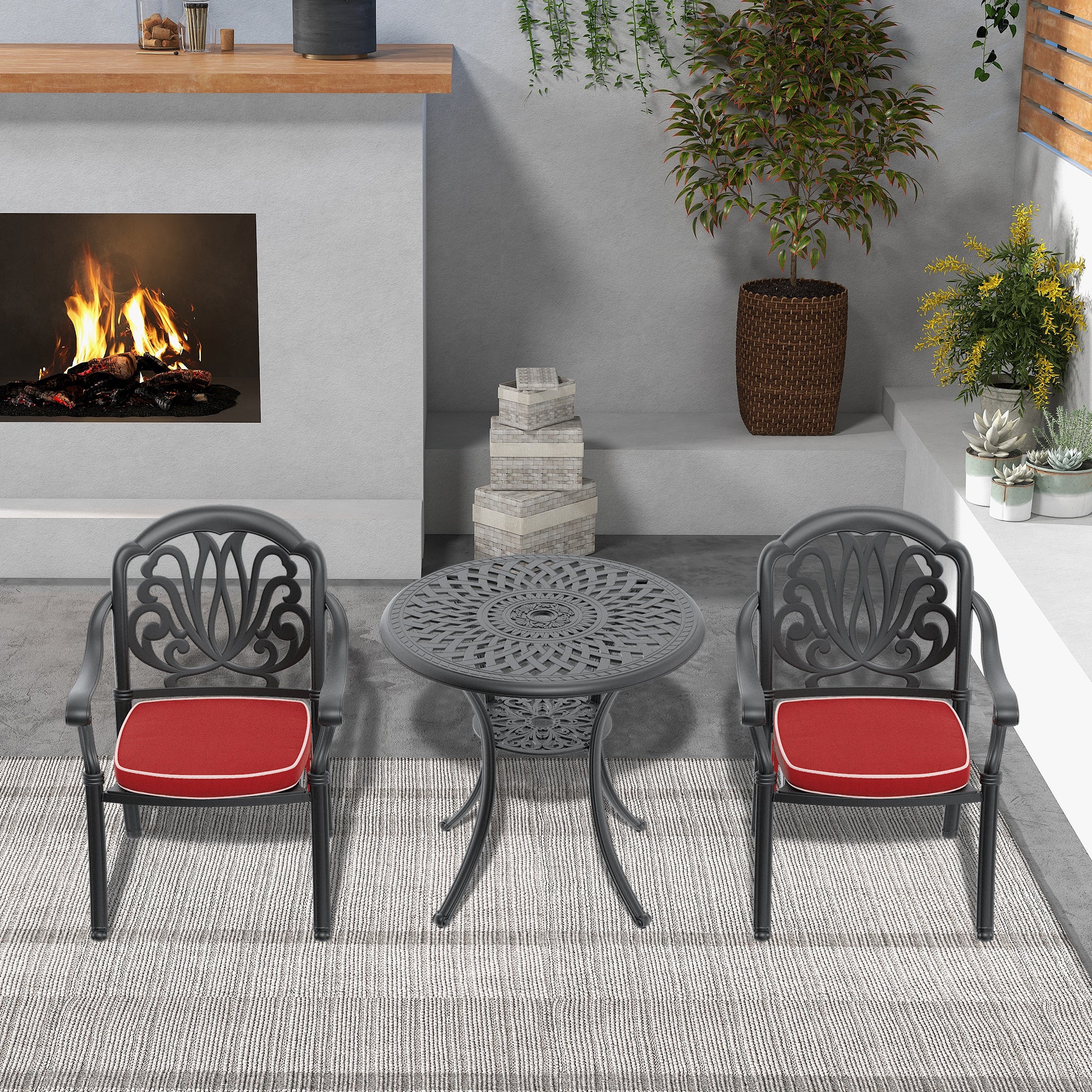 Cushions In Random Colors 3 Piece Set Of Cast Aluminum Patio Furniture With Cushions Yes Dining Set Black Seats 2 Rust Resistant Frame Water Resistant Cushion Garden & Outdoor Complete Patio Sets Aluminium