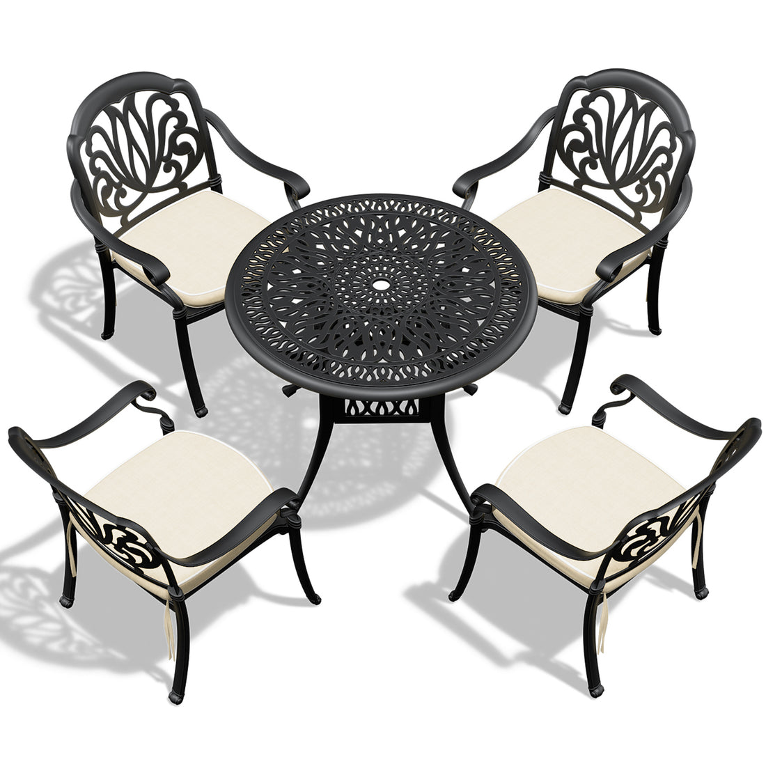 Cushions In Random Colors 5 Piece Set Of Cast Aluminum Patio Furniture With Cushions Yes Complete Patio Set Black Seats 4 Rust Resistant Frame Water Resistant Cushion Garden & Outdoor Complete Patio Sets Aluminium