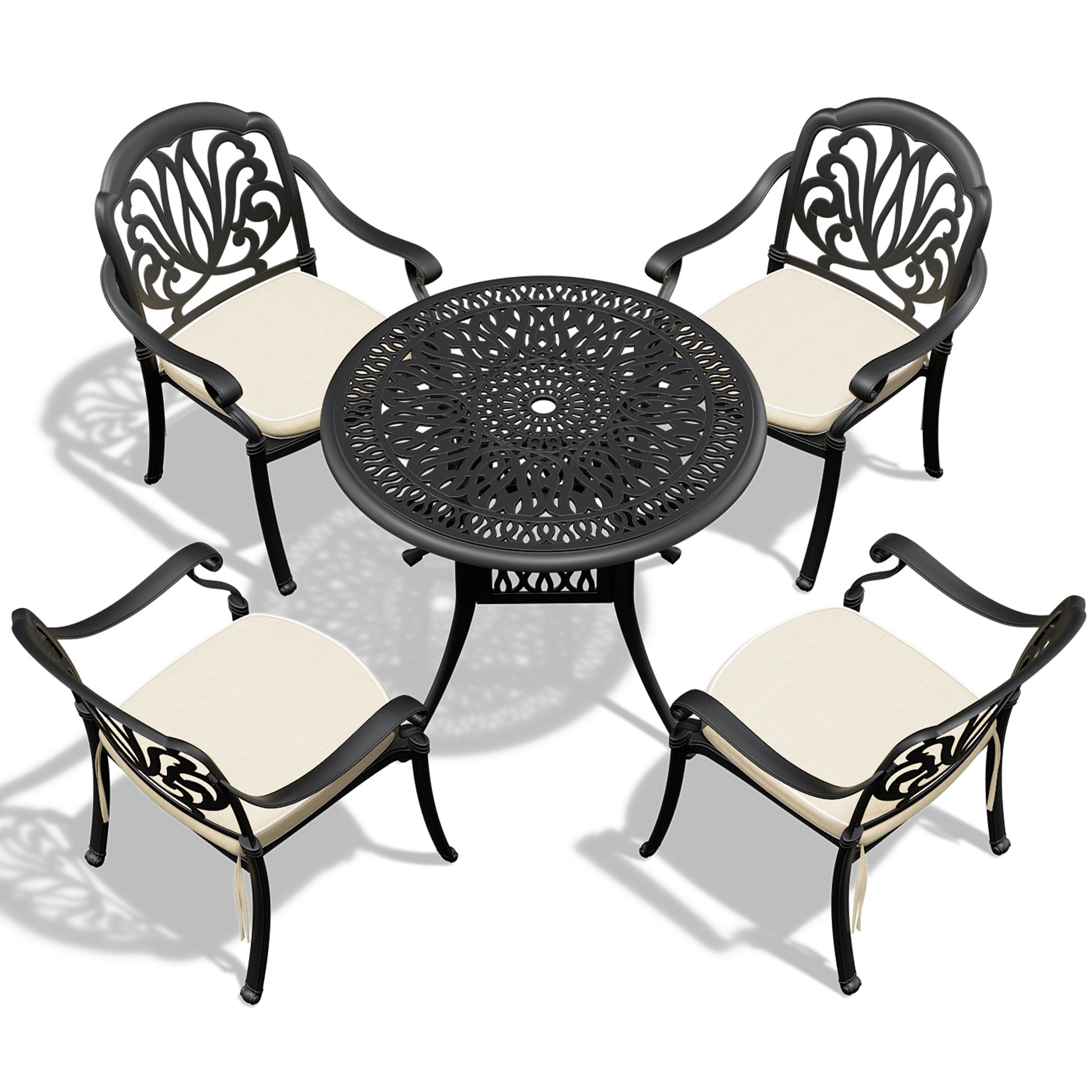 Cushions In Random Colors 5 Piece Set Of Cast Aluminum Patio Furniture With Cushions Yes Complete Patio Set Black Seats 4 Rust Resistant Frame Water Resistant Cushion Garden & Outdoor Complete Patio Sets Aluminium