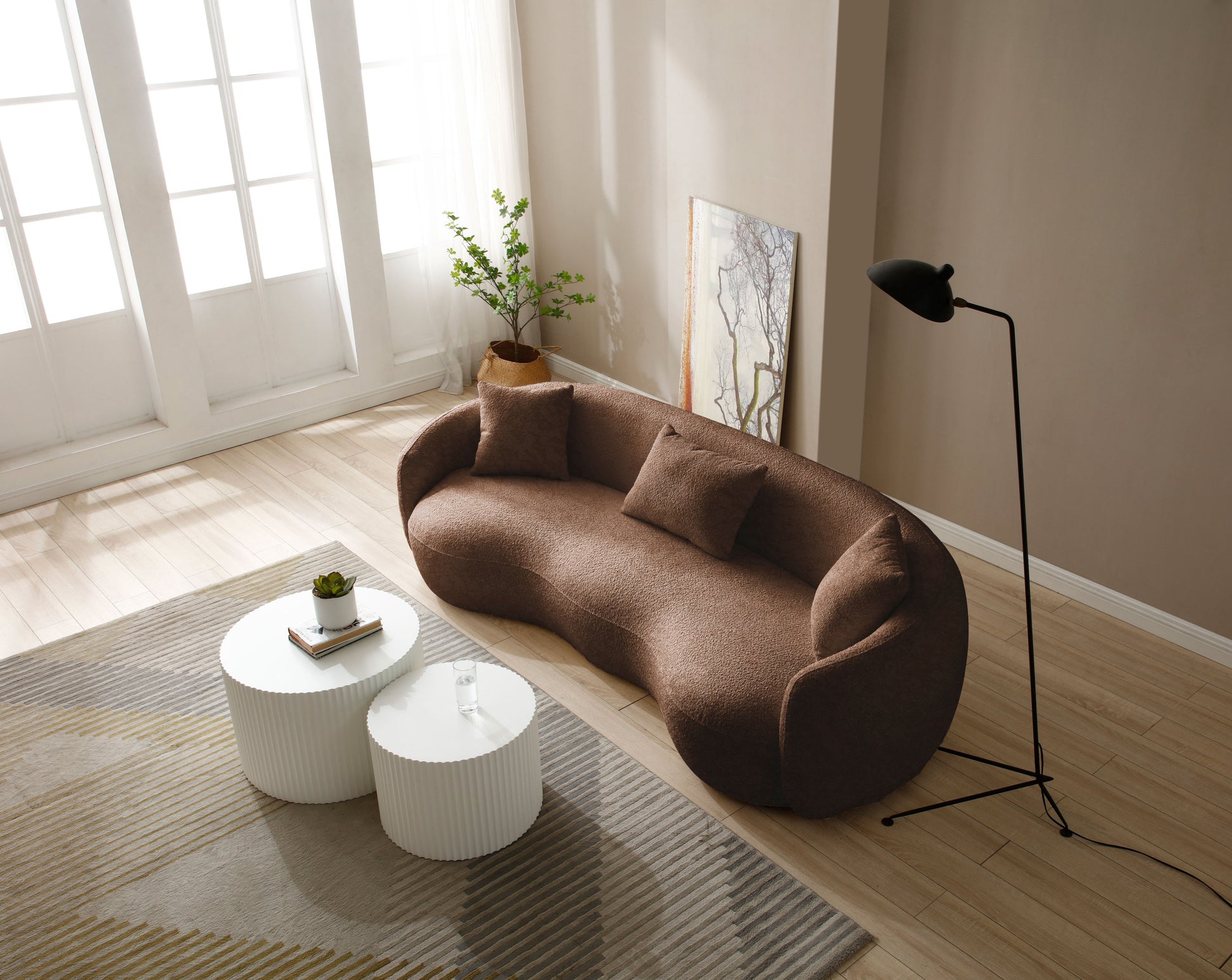 93.6Inch Mid Century Modern Curved Living Room Sofa, Boucle Fabric Couch For Bedroom, Office, Apartment, Brown Brown Boucle 3 Seat