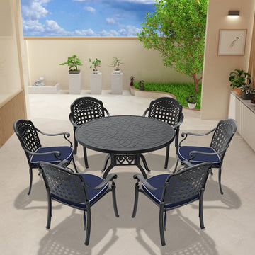 Cushions In Random Colors 7 Piece Set Of Cast Aluminum Patio Furniture With Cushions Yes Dining Set Black Seats 6 Rust Resistant Frame Water Resistant Cushion Garden & Outdoor Complete Patio Sets Aluminium
