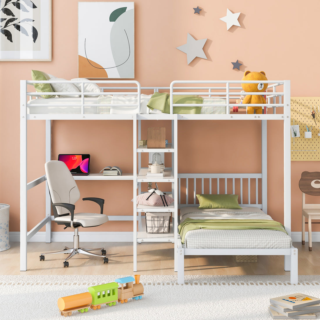 Full Over Twin Metal Bunk Bed With Built In Desk, Shelves And Ladder, White Full White Metal & Wood