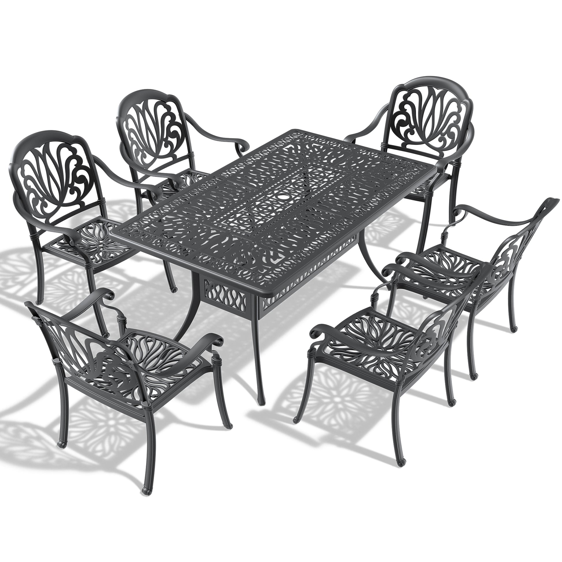 Cushions In Random Colors 7 Piece Set Of Cast Aluminum Patio Furniture With Cushions Yes Complete Patio Set Black Seats 6 Rust Resistant Frame Water Resistant Cushion Garden & Outdoor Complete Patio Sets Aluminium