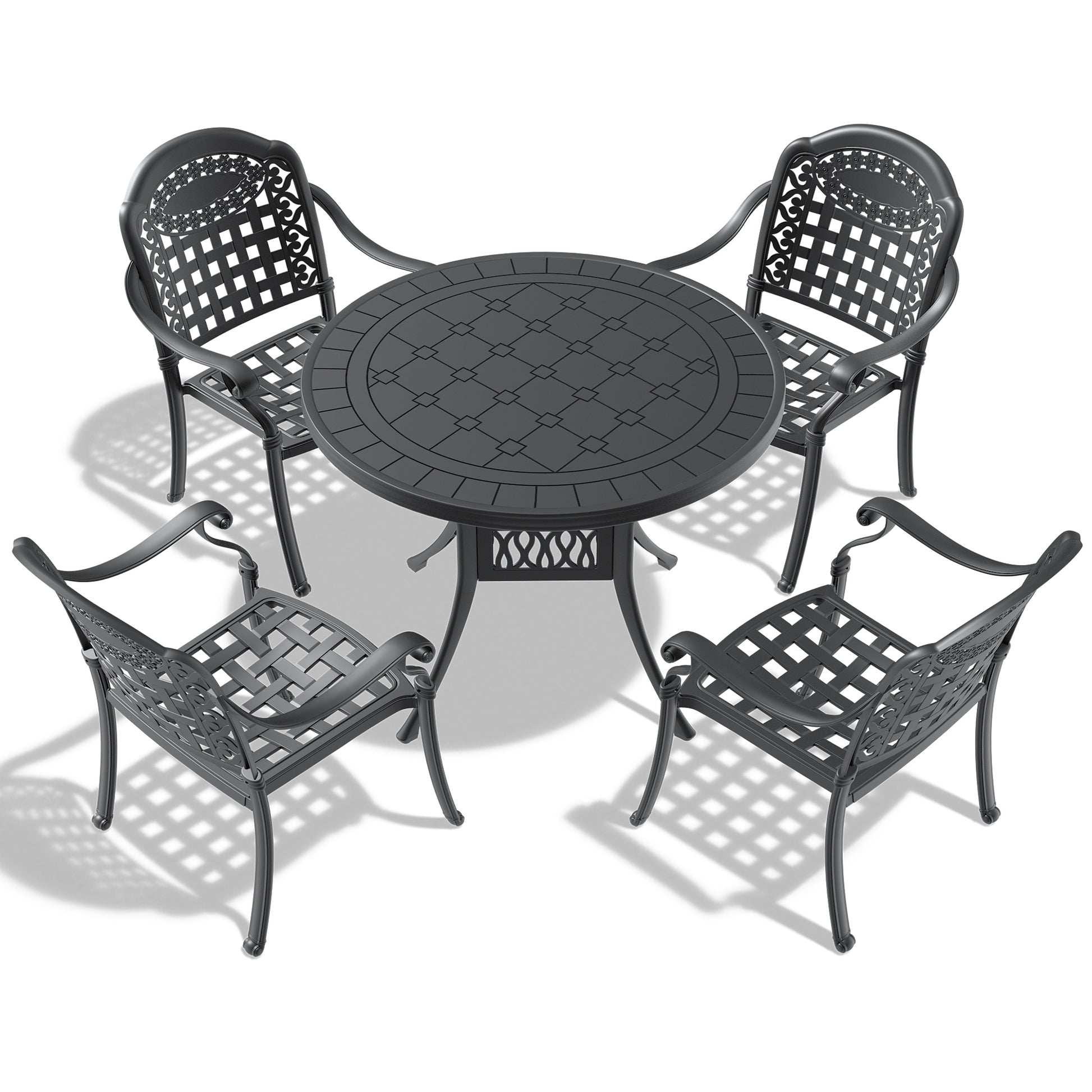 Cushions In Random Colors 5 Piece Set Of Cast Aluminum Patio Furniture With Cushions Yes Dining Set Black Seats 4 Rust Resistant Frame Water Resistant Cushion Garden & Outdoor Complete Patio Sets Aluminium