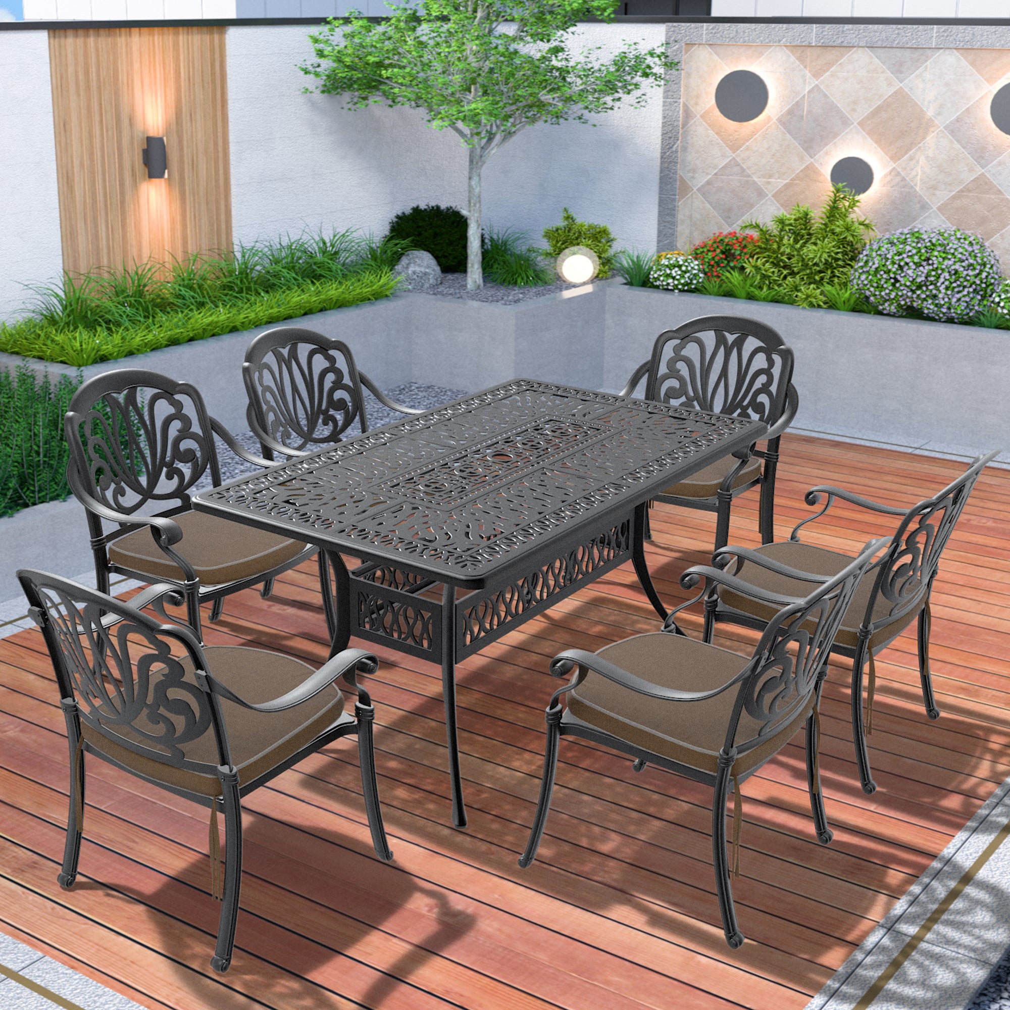 Cushions In Random Colors 7 Piece Set Of Cast Aluminum Patio Furniture With Cushions Yes Complete Patio Set Black Seats 6 Rust Resistant Frame Water Resistant Cushion Garden & Outdoor Complete Patio Sets Aluminium