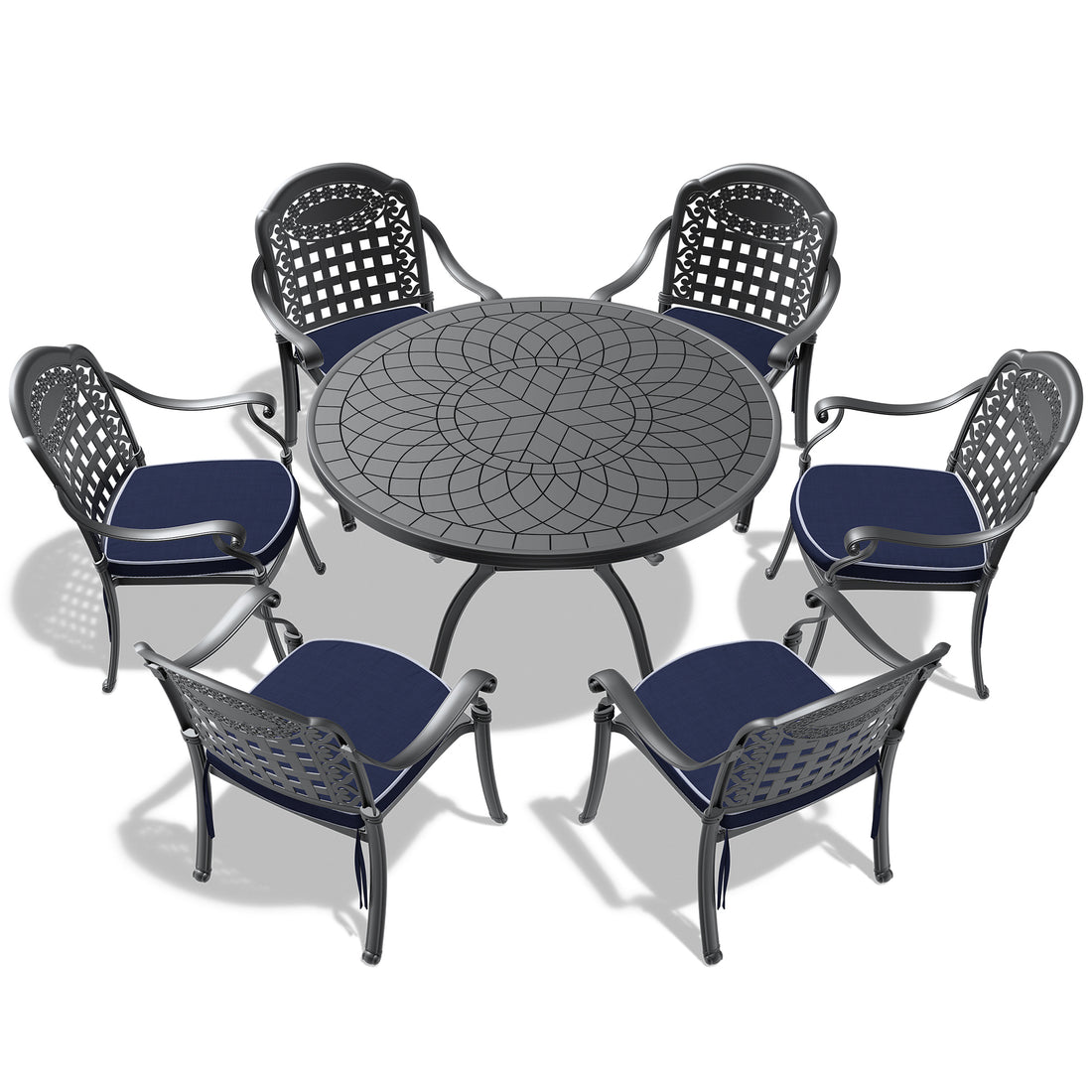 Cushions In Random Colors 7 Piece Set Of Cast Aluminum Patio Furniture With Cushions Yes Dining Set Black Seats 6 Rust Resistant Frame Water Resistant Cushion Garden & Outdoor Complete Patio Sets Aluminium