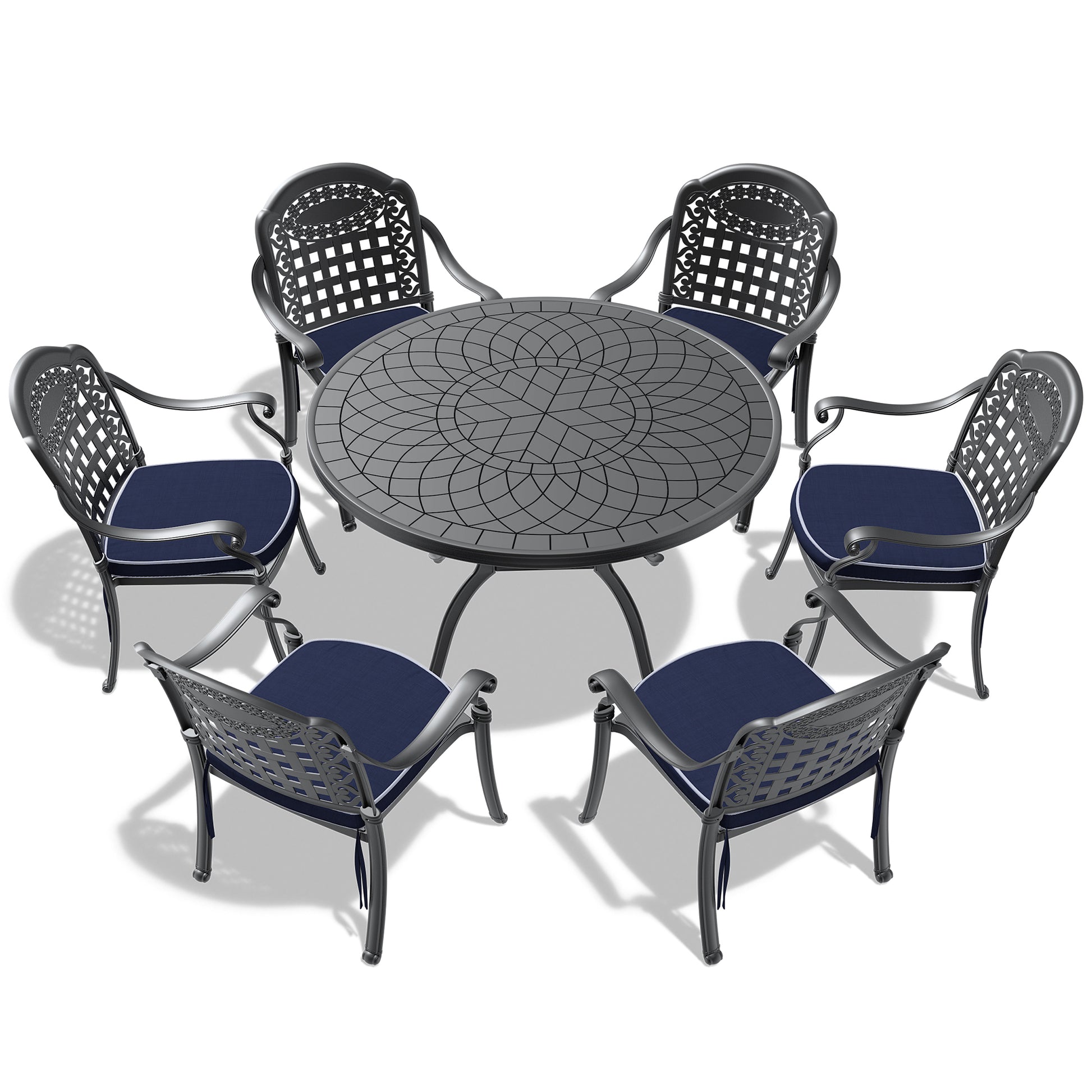 Cushions In Random Colors 7 Piece Set Of Cast Aluminum Patio Furniture With Cushions Yes Dining Set Black Seats 6 Rust Resistant Frame Water Resistant Cushion Garden & Outdoor Complete Patio Sets Aluminium