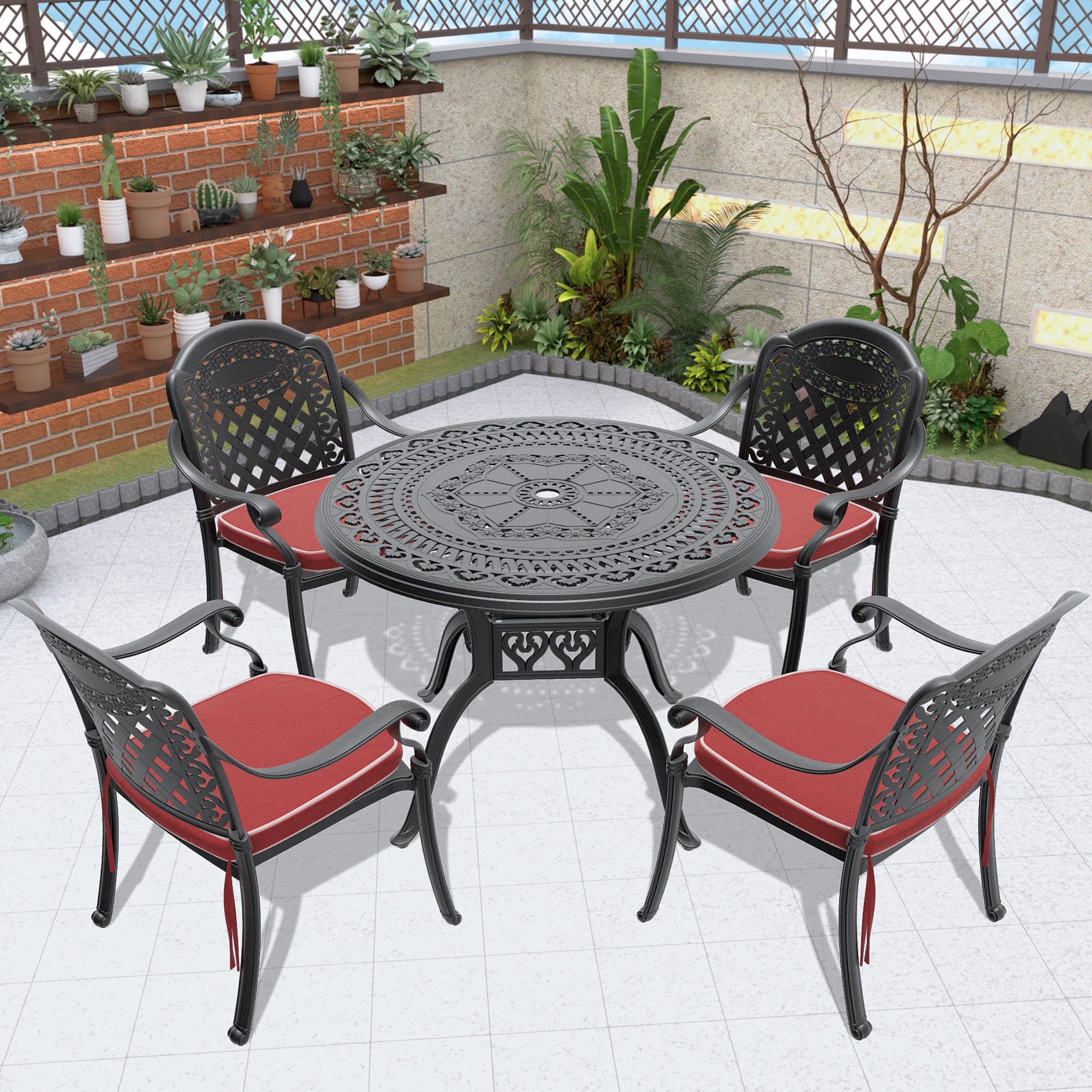Cushions In Random Colors 5 Piece Set Of Cast Aluminum Patio Furniture With Cushions Yes Dining Set Black Seats 4 Rust Resistant Frame Water Resistant Cushion Garden & Outdoor Complete Patio Sets Aluminium