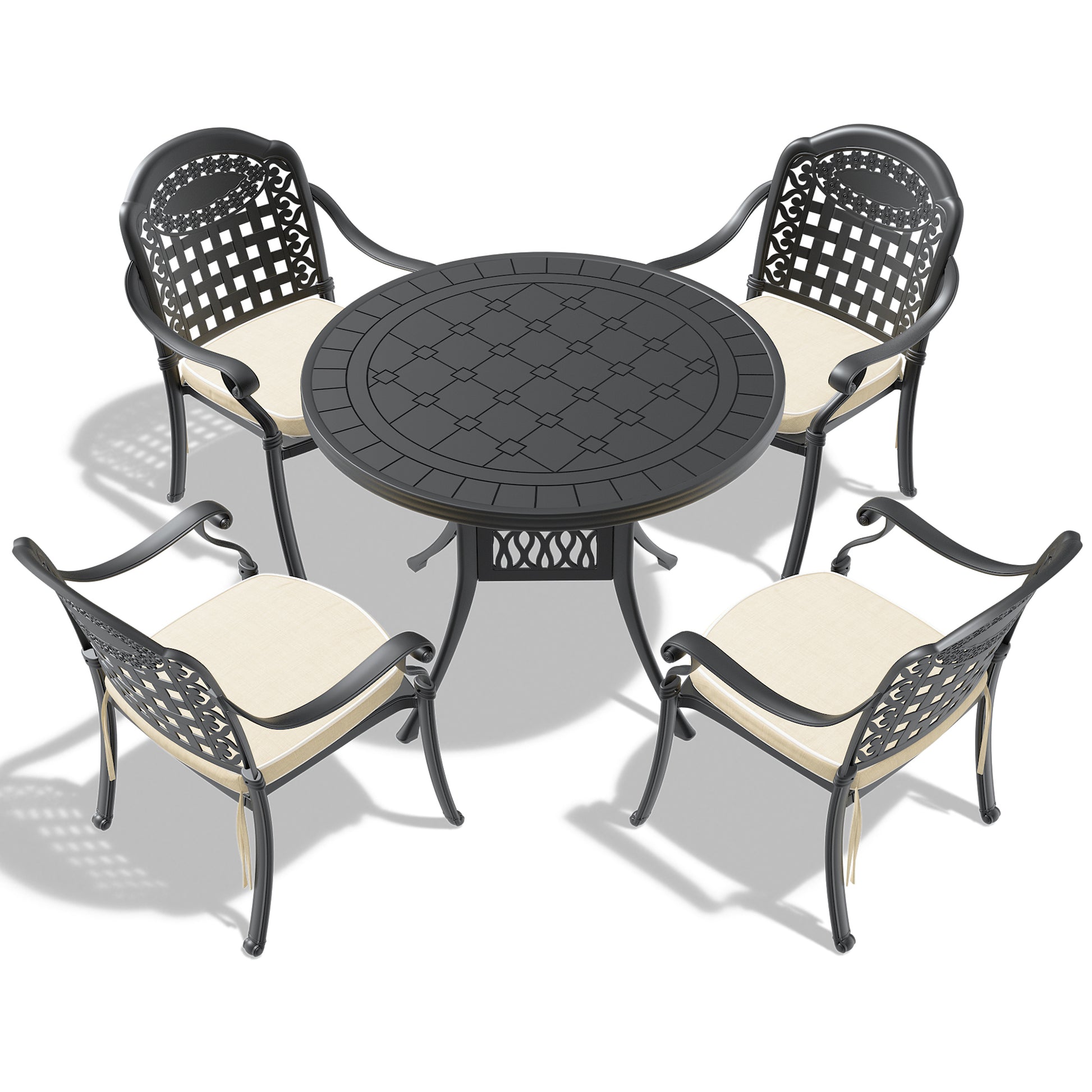 Cushions In Random Colors 5 Piece Set Of Cast Aluminum Patio Furniture With Cushions Yes Dining Set Black Seats 4 Rust Resistant Frame Water Resistant Cushion Garden & Outdoor Complete Patio Sets Aluminium