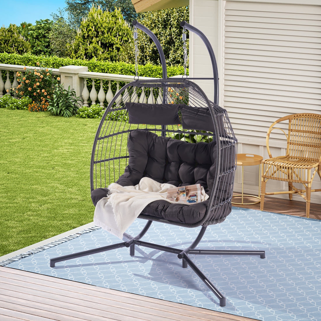 2 Person Outdoor Rattan Hanging Chair Patio Wicker Egg Chair Yes Sectional Dark Gray Uv Resistant Frame Water Resistant Cushion Garden & Outdoor American Design,American Traditional 2 Person Seating Group Polyester Rattan