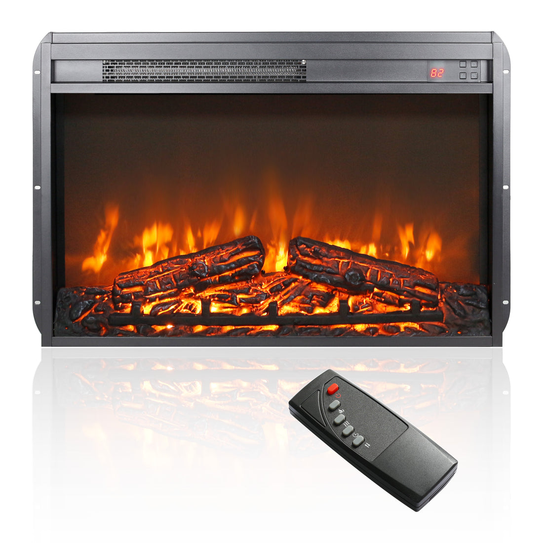 26 Inch Electric Fireplace Insert, Ultra Thin Heater With Log Set & Realistic Flame, Remote Control With Timer, Overheating Protection Antique Black Tempered Glass Sheet Metal Plastic