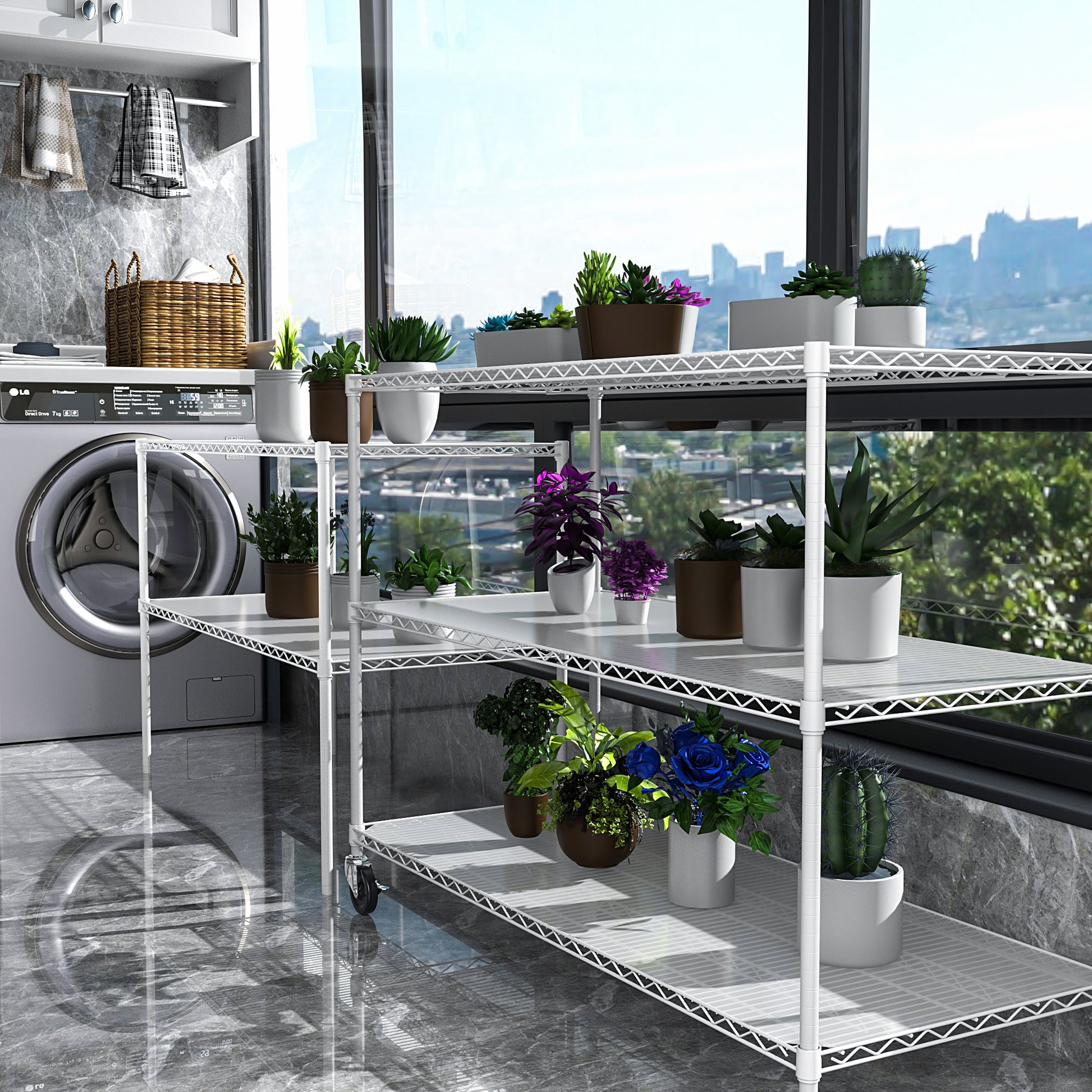 5 Tier 6000Lbs Heavy Duty Adjustable Storage Rack Metal Shelf Wire Shelving Unit With Wheels & Shelf Liners 82" H X 48" L X 24" D White White Iron Plastic