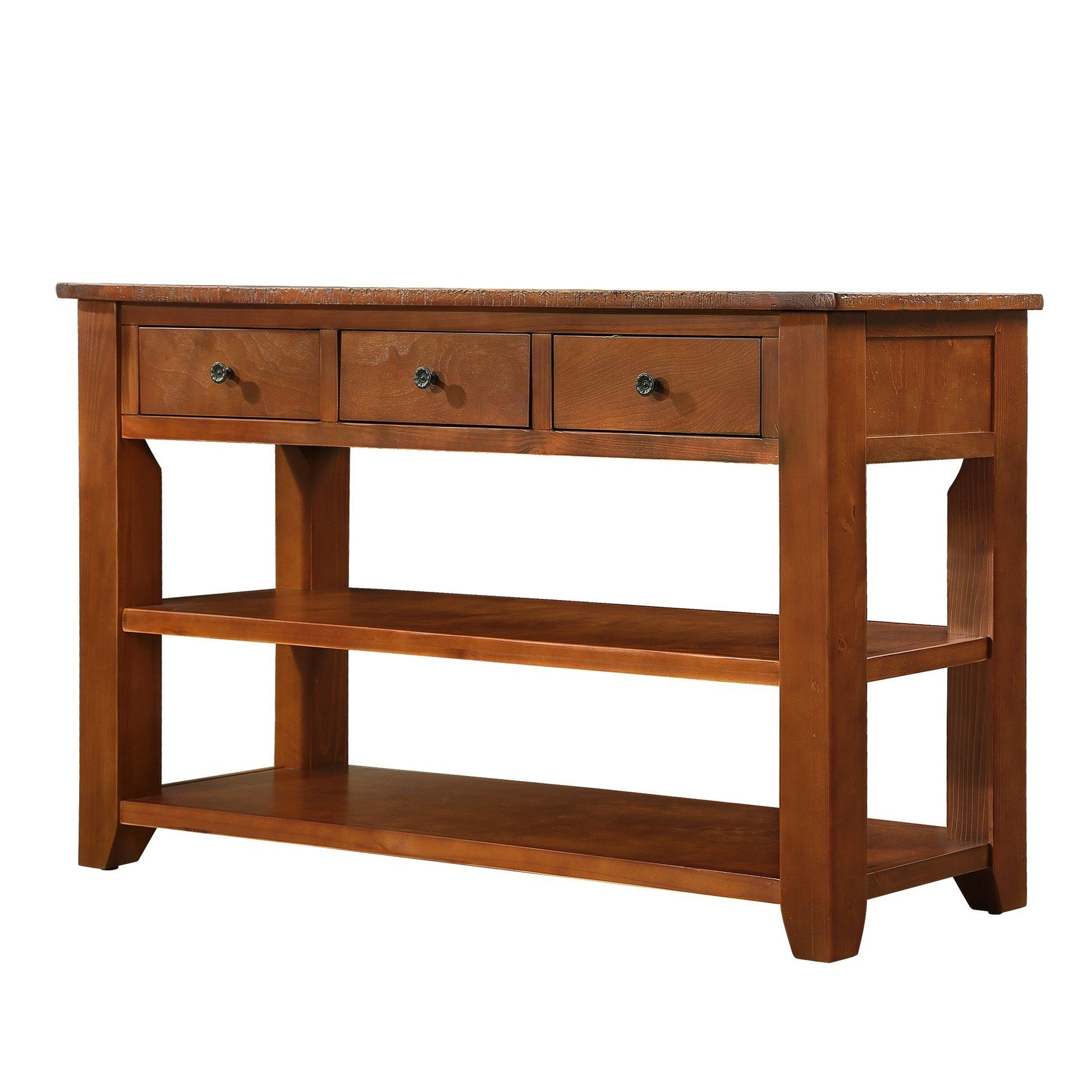 48'' Solid Pine Wood Top Console Table, Modern Entryway Sofa Side Table With 3 Storage Drawers And 2 Shelves. Easy To Assemble Brown Brown Pine
