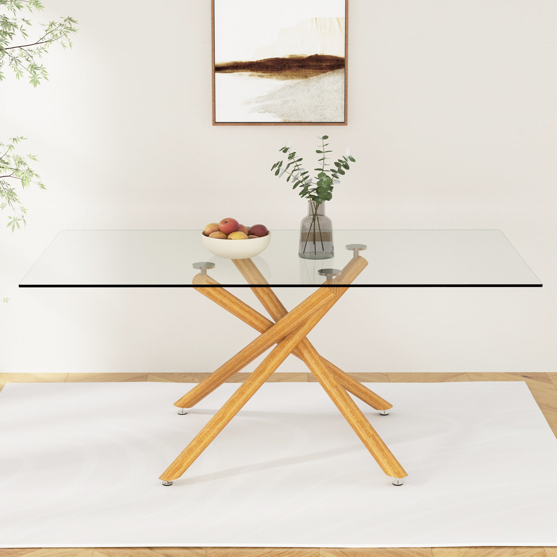 Large Modern Minimalist Rectangular Glass Dining Table For 6 8 With 0.39" Tempered Glass Tabletop And Wood Color Metal Legs, For Kitchen Dining Living Meeting Room Banquet Hall Transparent Glass