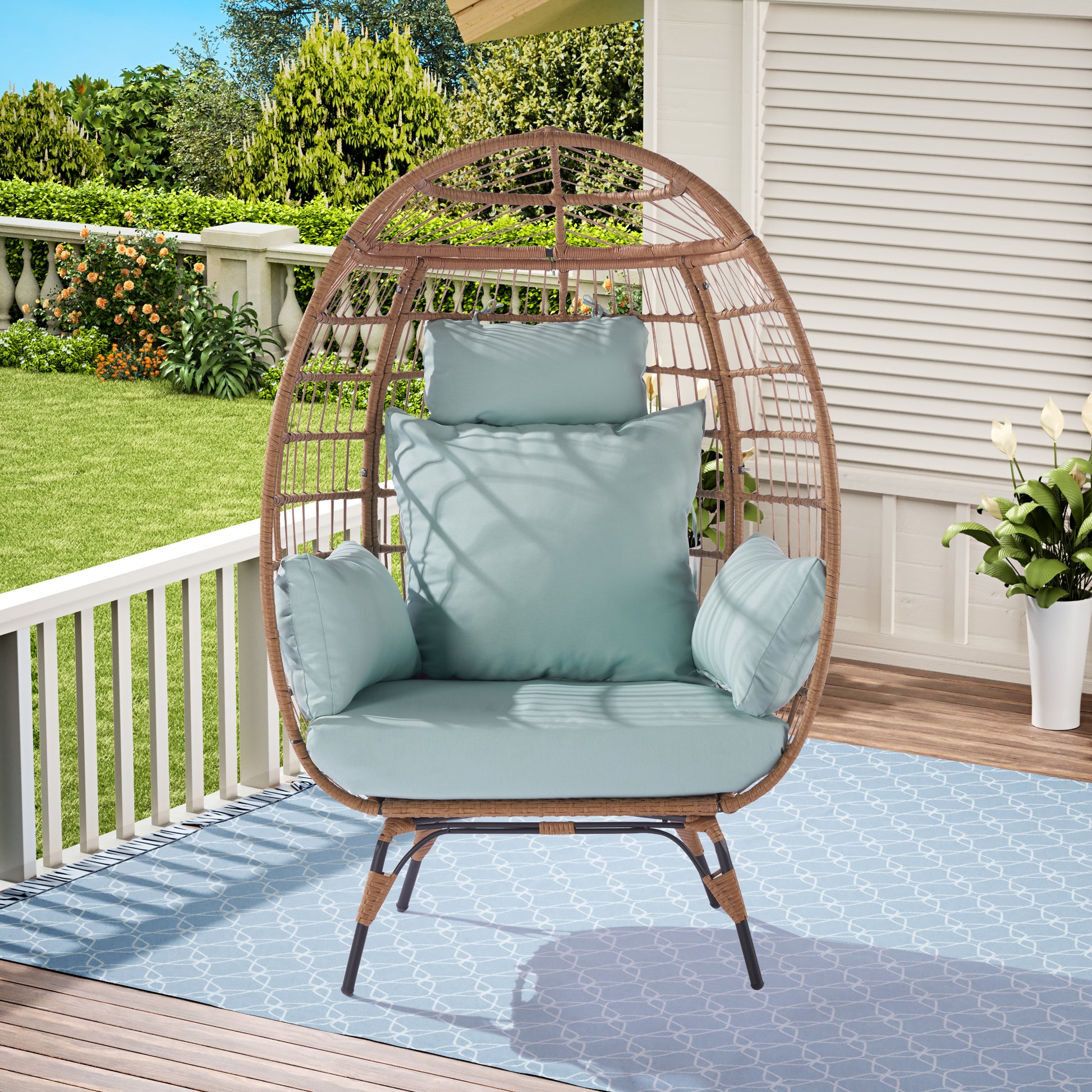 Wicker Egg Chair, Oversized Indoor Outdoor Lounger For Patio, Backyard, Living Room W 5 Cushions, Steel Frame, Light Blue Yes Complete Patio Set Blue Uv Resistant Frame Water Resistant Cushion Garden & Outdoor American Design Complete Patio Sets