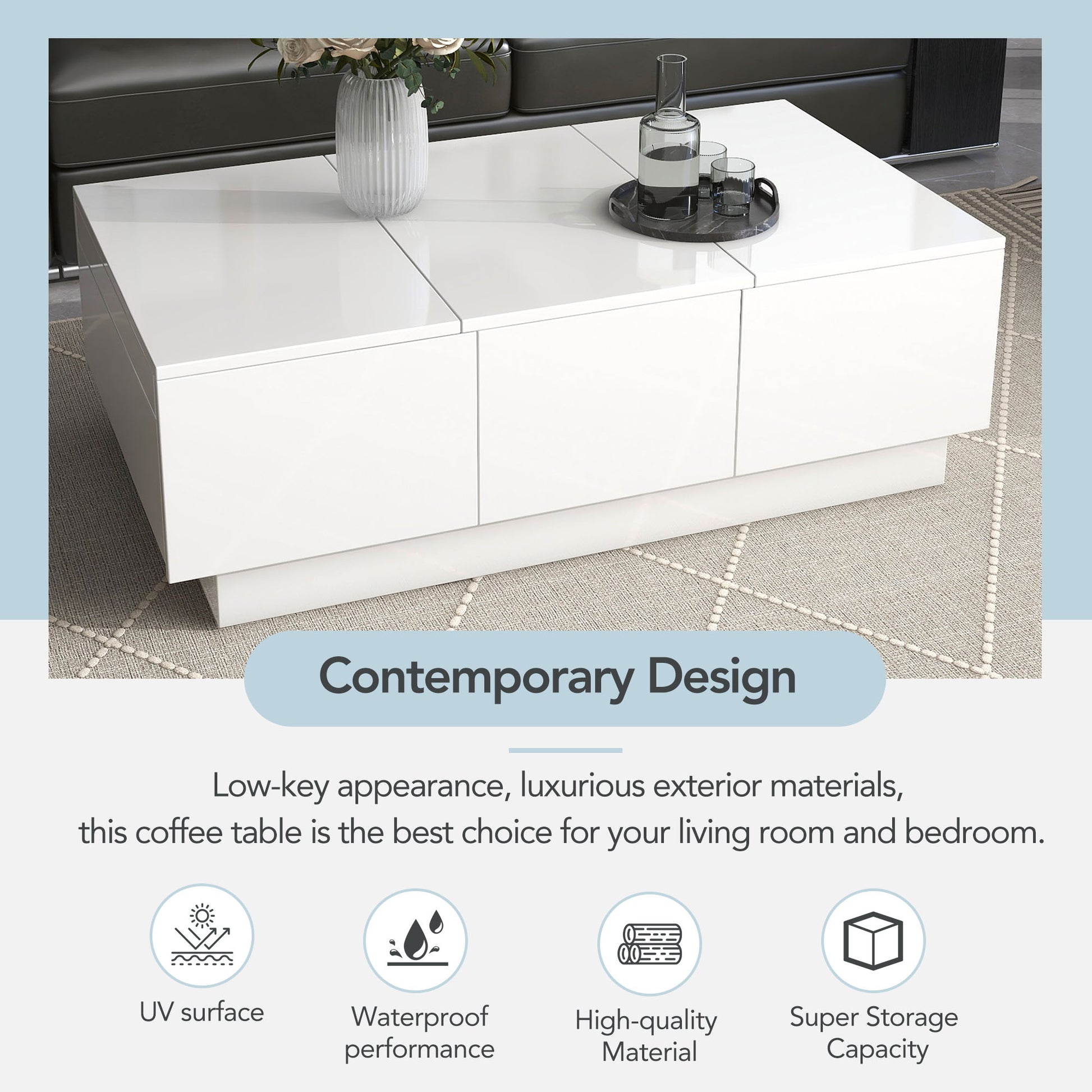 Coffee Table With 2 Large Hidden Storage Compartment, Extendable Cocktail Table With 2 Drawers, High Gloss Center Table With Sliding Top For Living Room, 39.3"X21.6", White White Soft Close Drawers Primary Living Space Modern Freestanding Rectangular