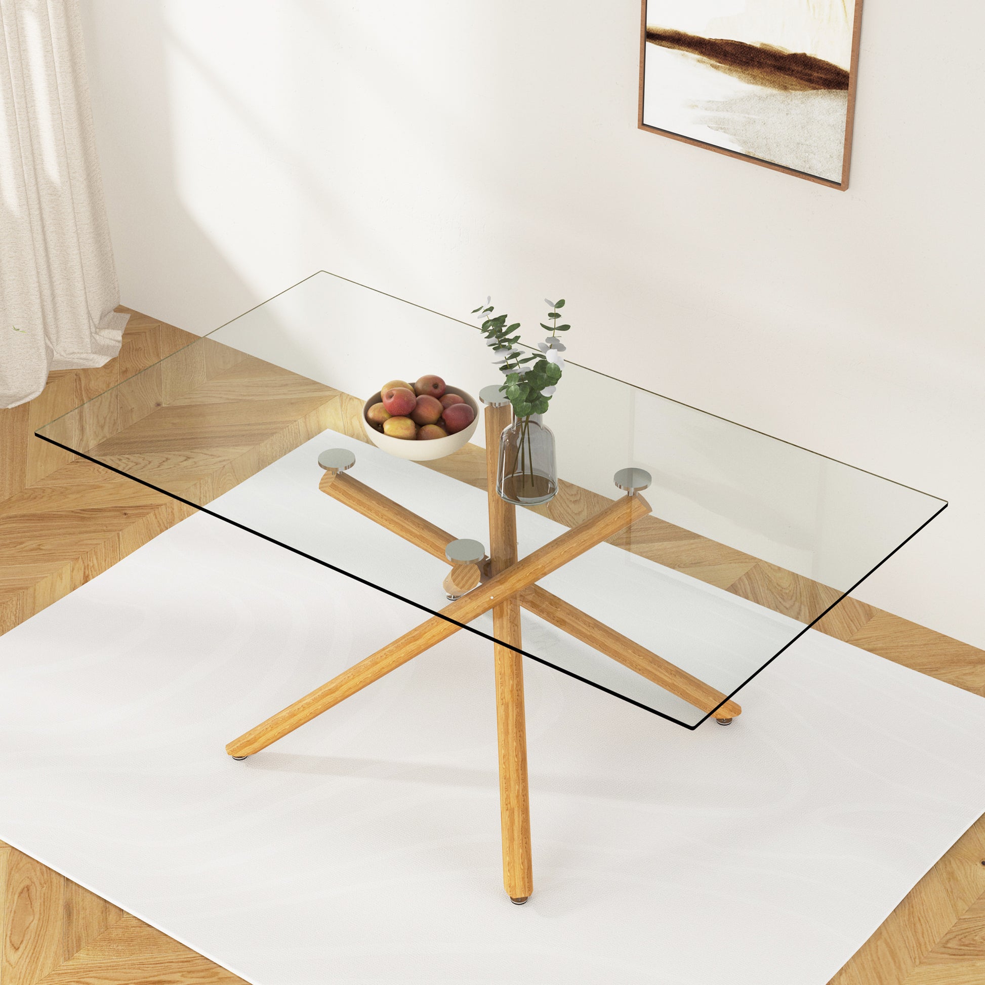 Large Modern Minimalist Rectangular Glass Dining Table For 6 8 With 0.39" Tempered Glass Tabletop And Wood Color Metal Legs, For Kitchen Dining Living Meeting Room Banquet Hall, 71" W X 39" D X 301537 Transparent Glass