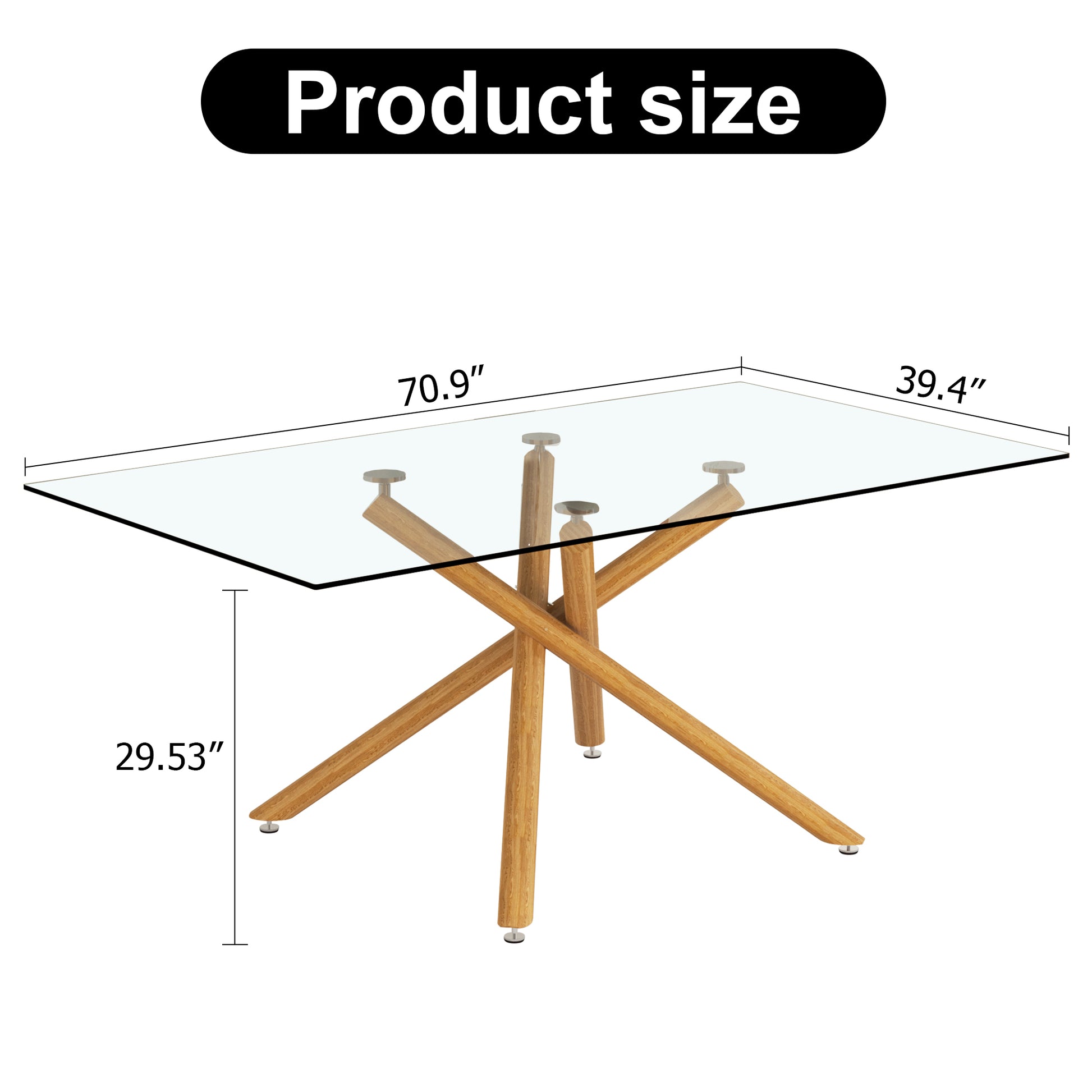 Large Modern Minimalist Rectangular Glass Dining Table For 6 8 With 0.39" Tempered Glass Tabletop And Wood Color Metal Legs, For Kitchen Dining Living Meeting Room Banquet Hall, 71" W X 39" D X 301537 Transparent Glass